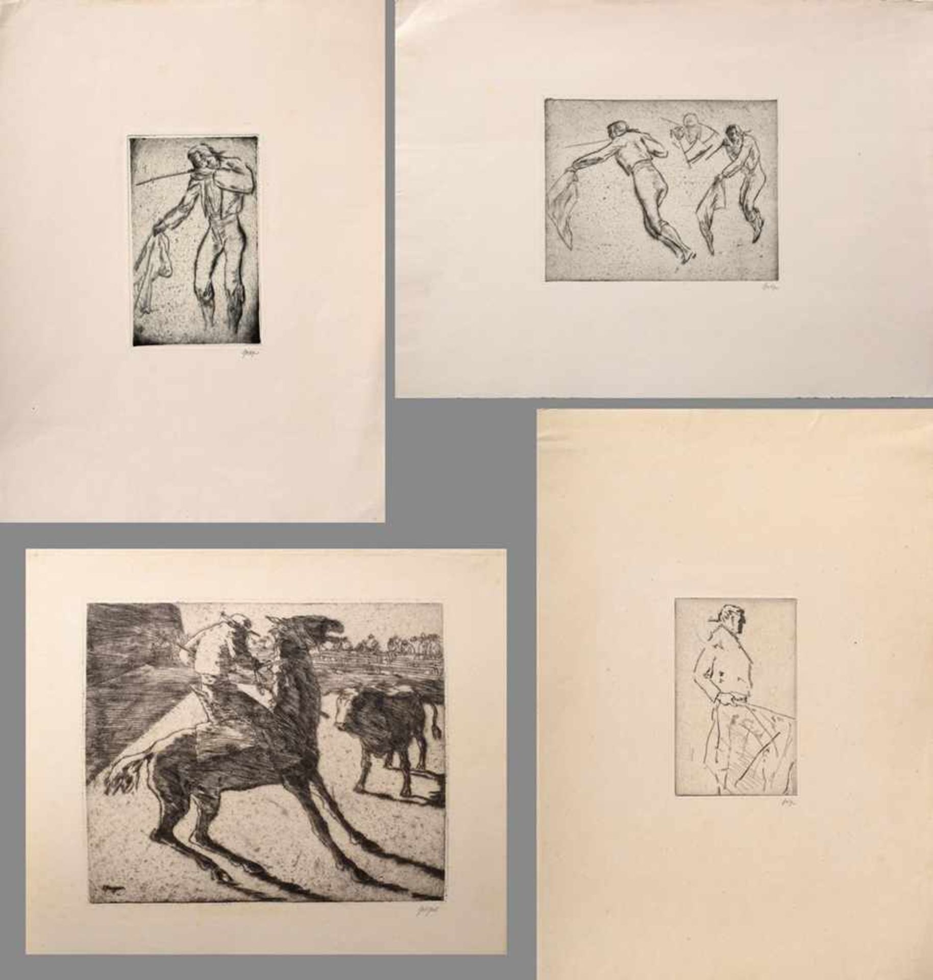 4 Various Geiger, Willi (1878-1971) "Bullfighting scenes", etchings, signed lower right, PD 15,