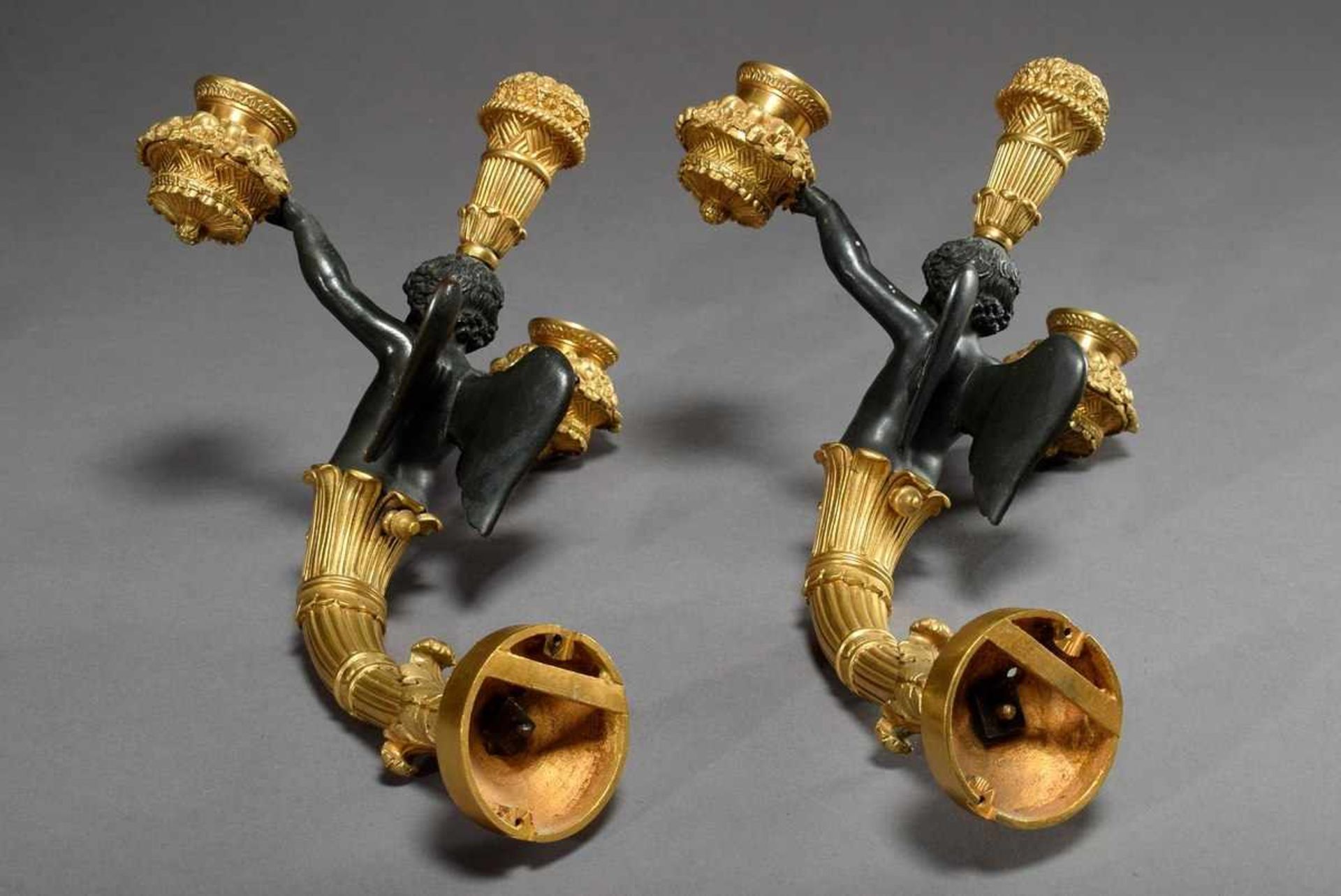 Pair of 3 flame wall arms "Angels", bronze partly gilded and blackened, France 19th century, ca. - Bild 3 aus 9