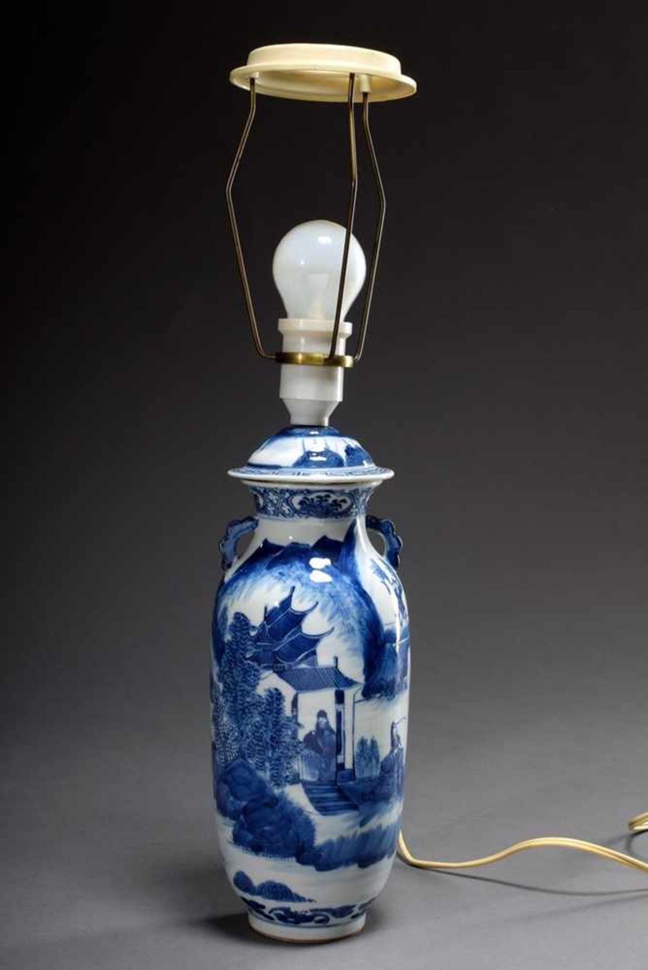 Small lidded vase with blue painting decoration "Landscape with staffage of persons" mounted as