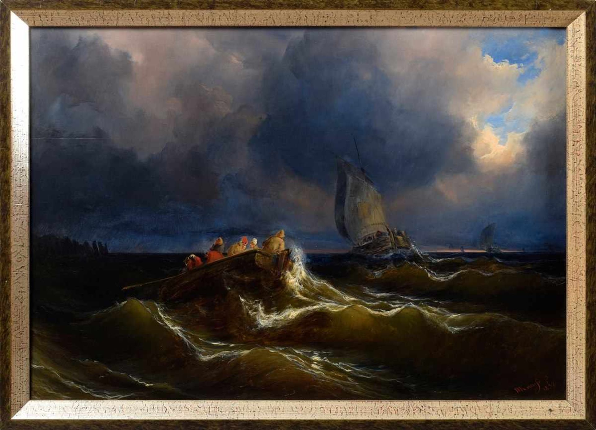 Krause, Wilhelm August (1803-1864) "Fisherman in a stormy sea" 1837, oil/wood, signed/dated lower - Bild 2 aus 5