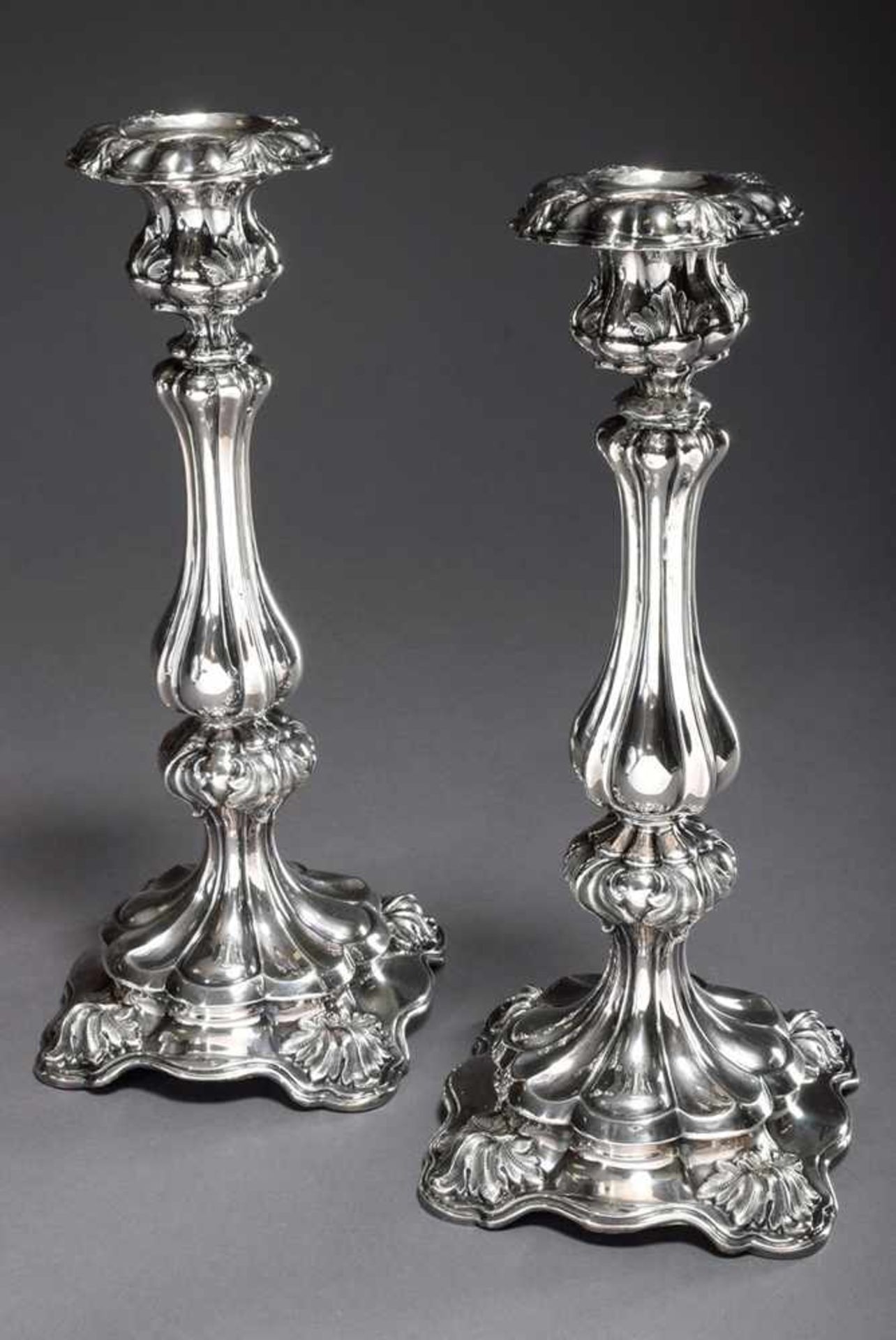 Pair of candlesticks in late Biedermeier Façon, silver 800 (filled), hallmark rubbed off, end of