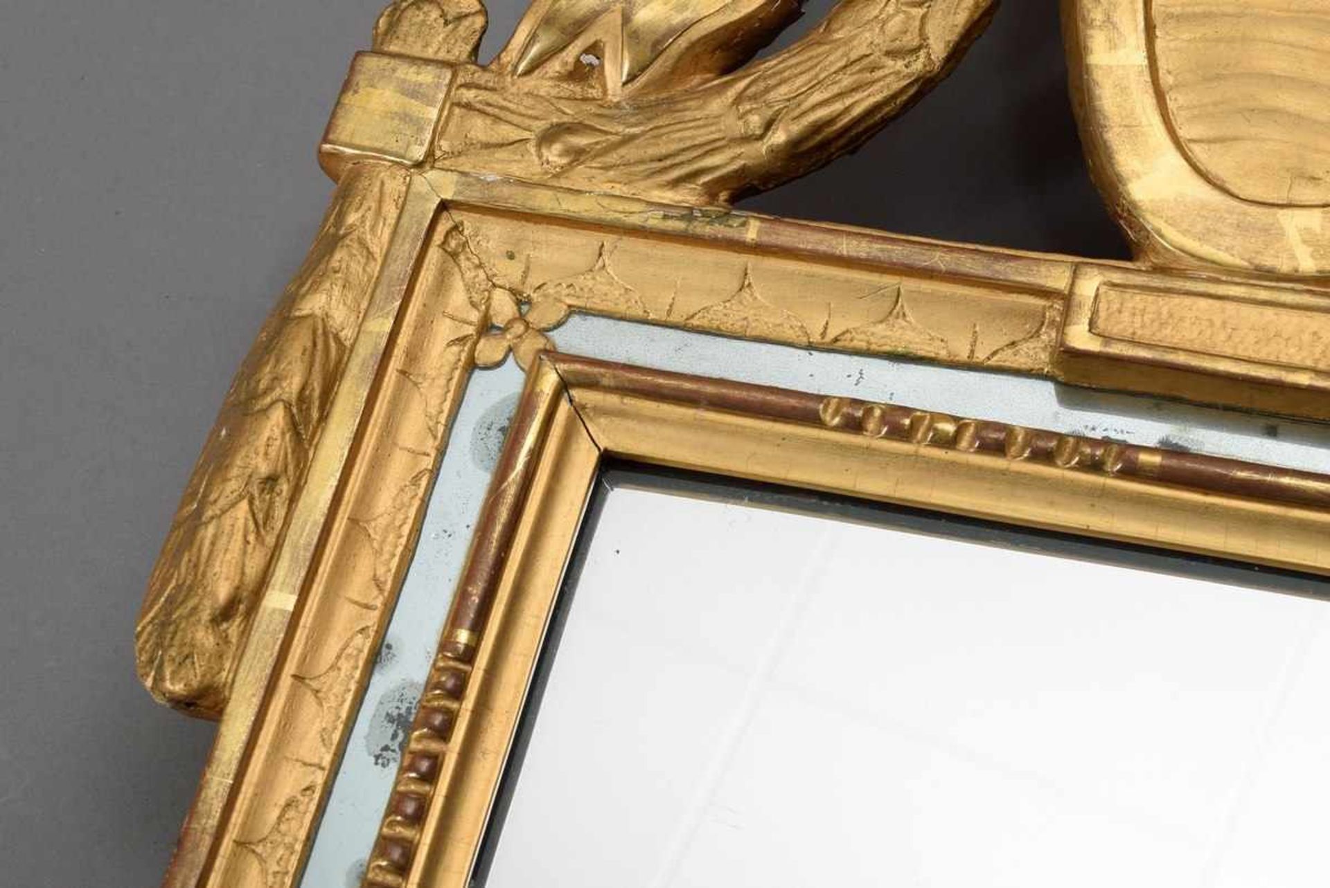Louis XVI mirror with big loop crown, festoon pendants and mirrored frame, wood carved and gilded, - Image 3 of 5