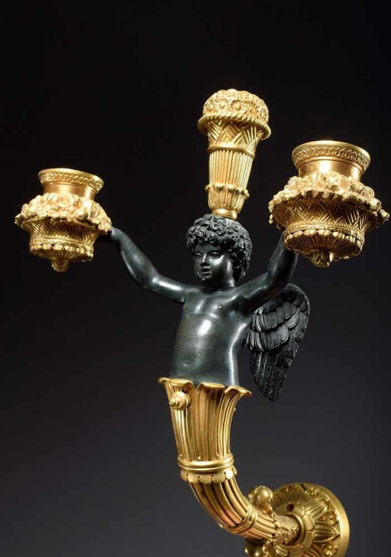 Pair of 3 flame wall arms "Angels", bronze partly gilded and blackened, France 19th century, ca. - Bild 6 aus 9