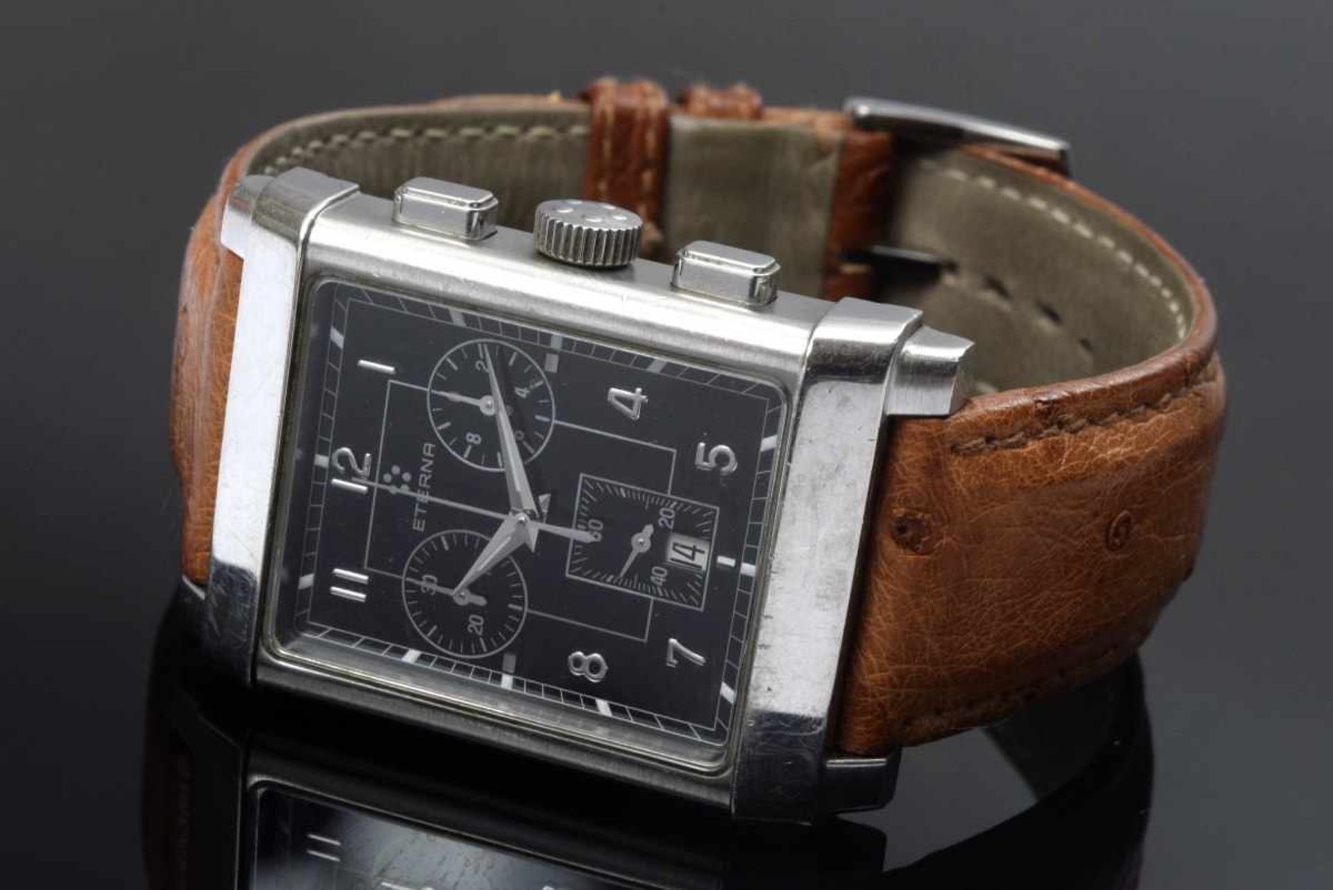 Eterna men's wrist watch "1935" chronograph, stainless steel with ostrich leather strap, quartz,