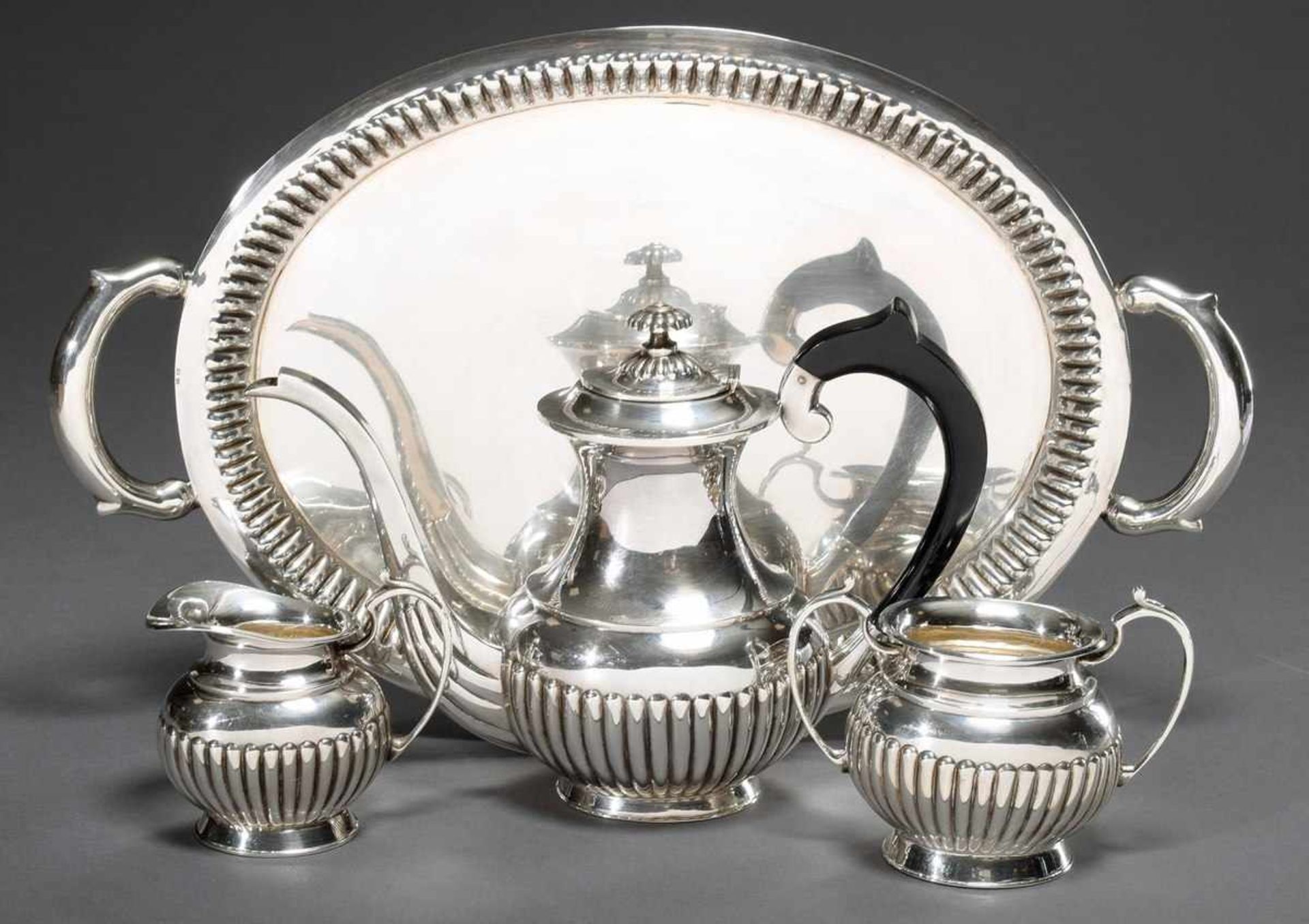 4 Pieces mocha service in Queen Anne style with ebonised wooden handles, MM: P.V., 20th century,