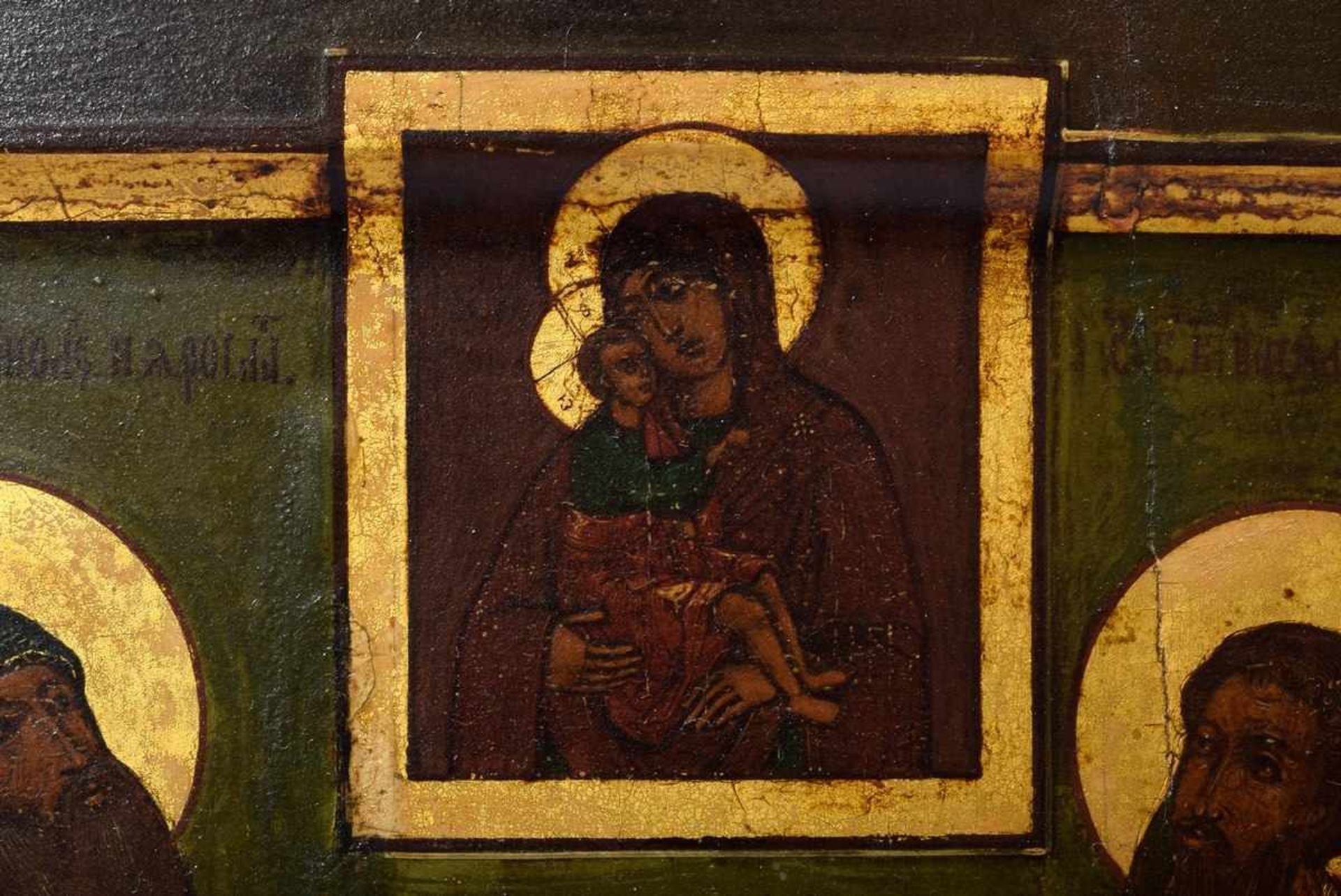 Russian icon "Adoration of the Mother of God - 5 Saints", egg tempera/chalk ground over wood, 19th - Bild 3 aus 7
