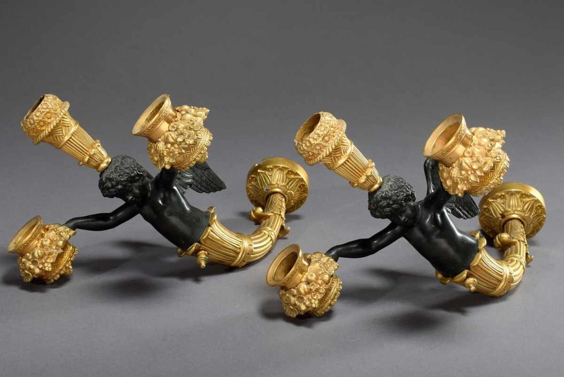 Pair of 3 flame wall arms "Angels", bronze partly gilded and blackened, France 19th century, ca. - Bild 9 aus 9