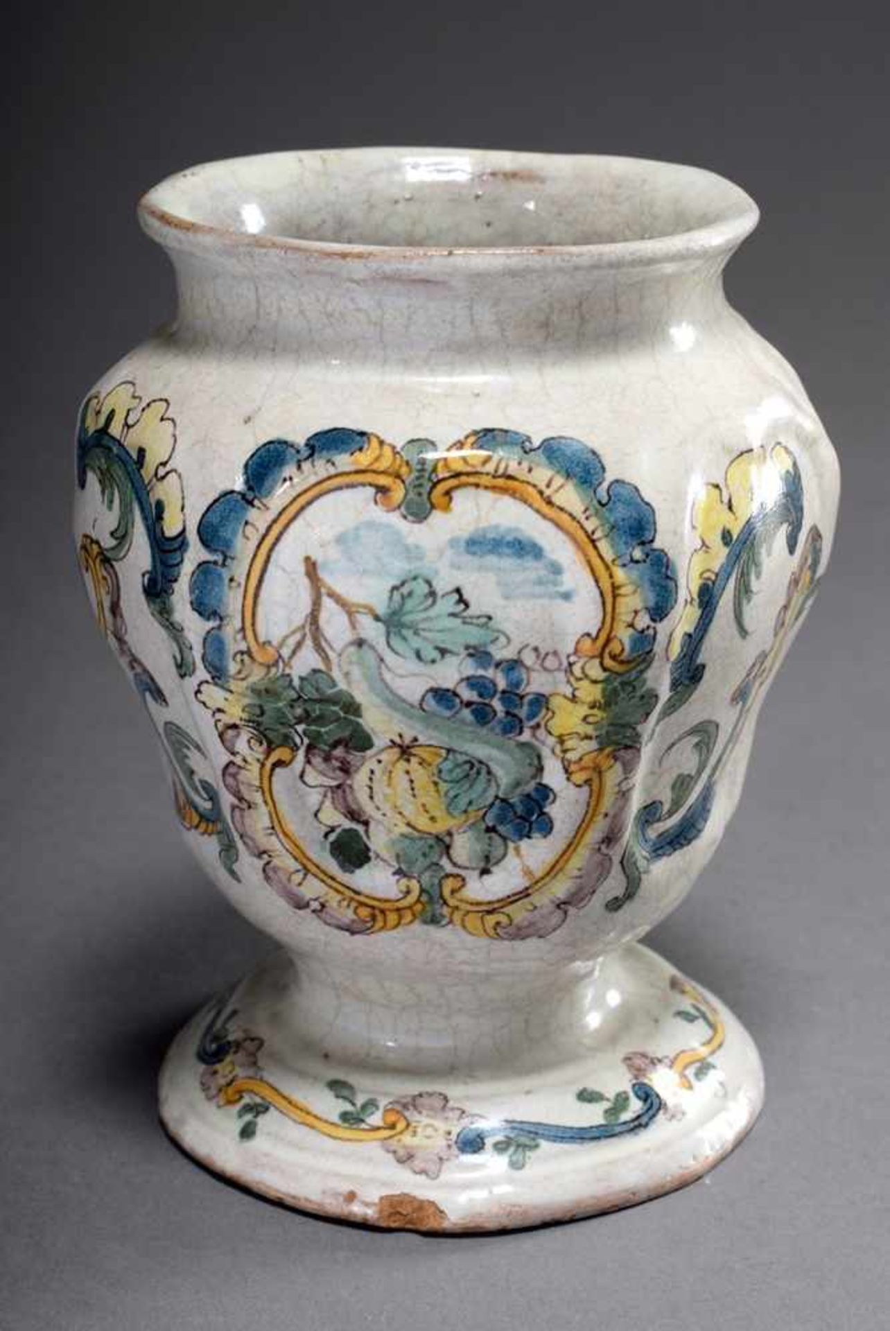 Faience apothecary vessel, so called "Albarello" with coloured painted rocaille cartouche "Fruits"