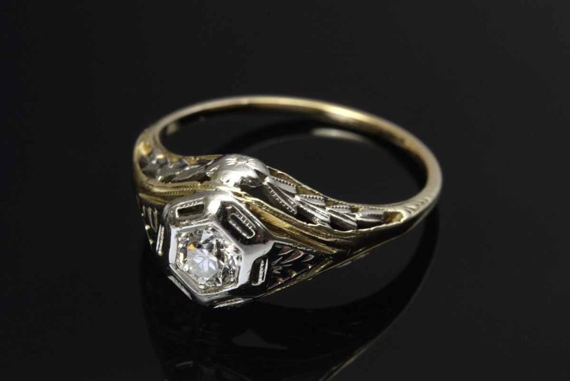 Fine handmade GG/WG 585 Art Deco ring with old cut diamond (approx. 0.18ct/PI/CR), 2,6g, size - Bild 2 aus 2