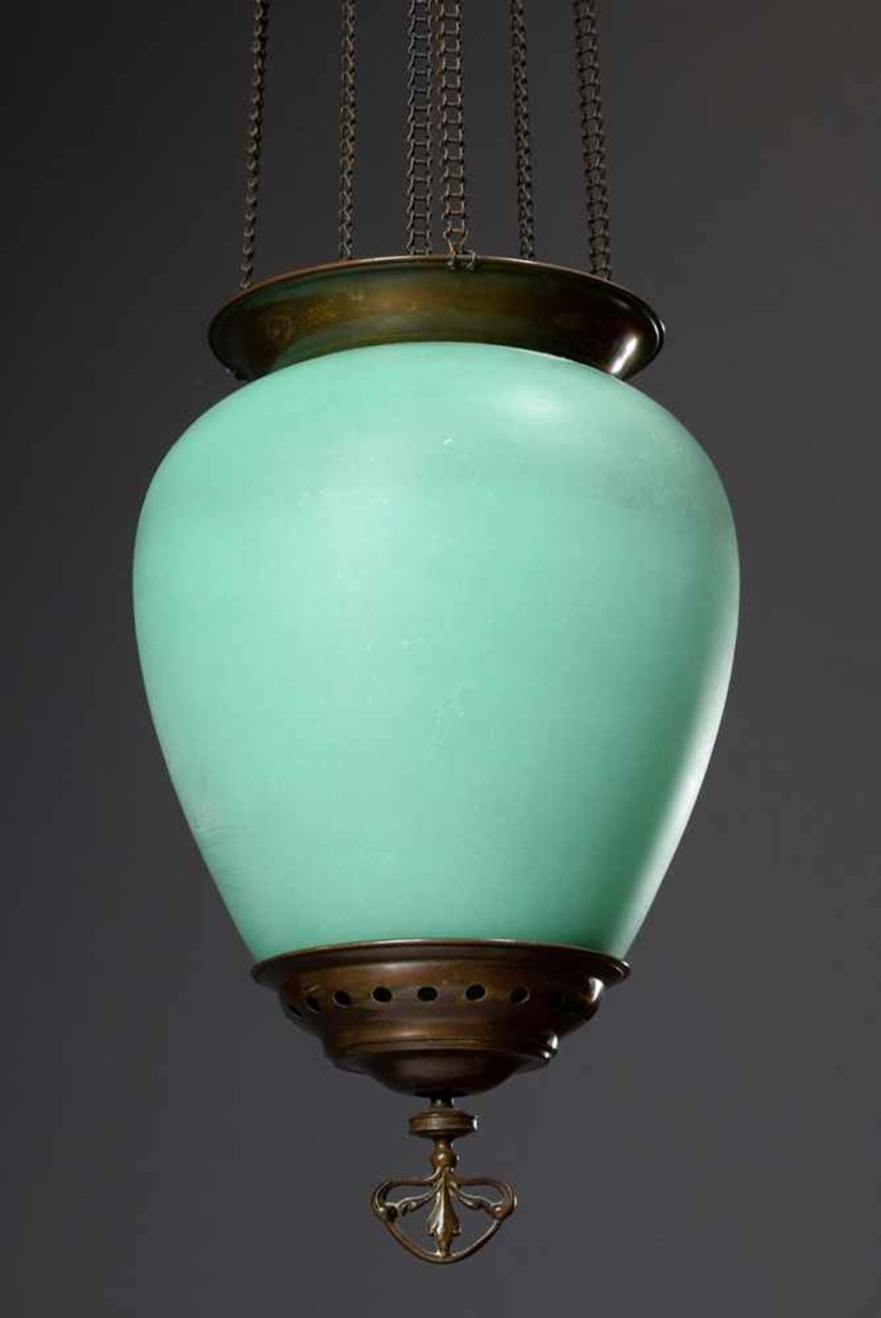 Historism hanging lamp with greenish glass dome in brass mounting, German around 1880/90, h. approx. - Bild 2 aus 6