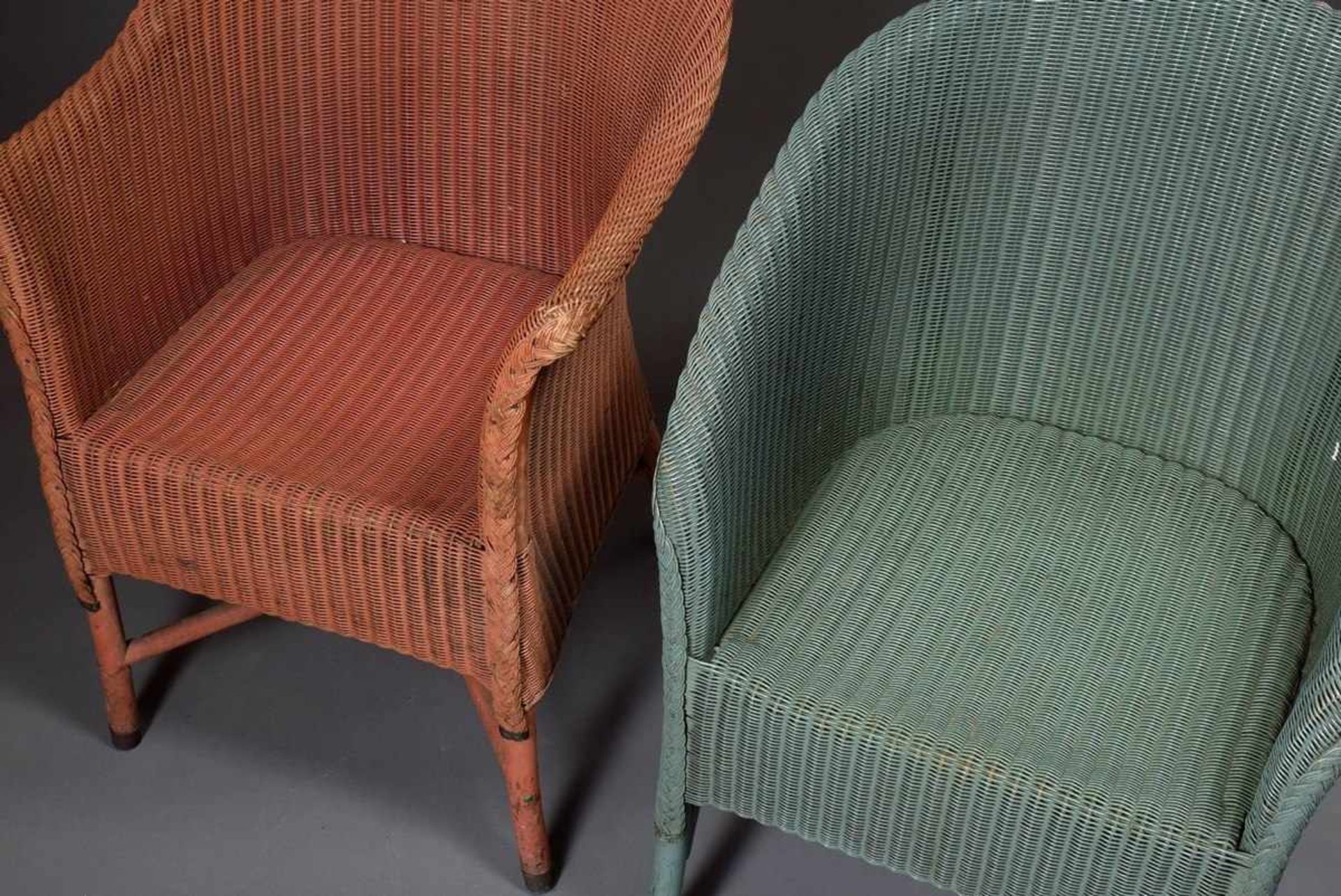 2 Various Lloyd Loom chairs, pink/green with matching cushions, h. 42/76cm and39/69cm, small - Image 3 of 4
