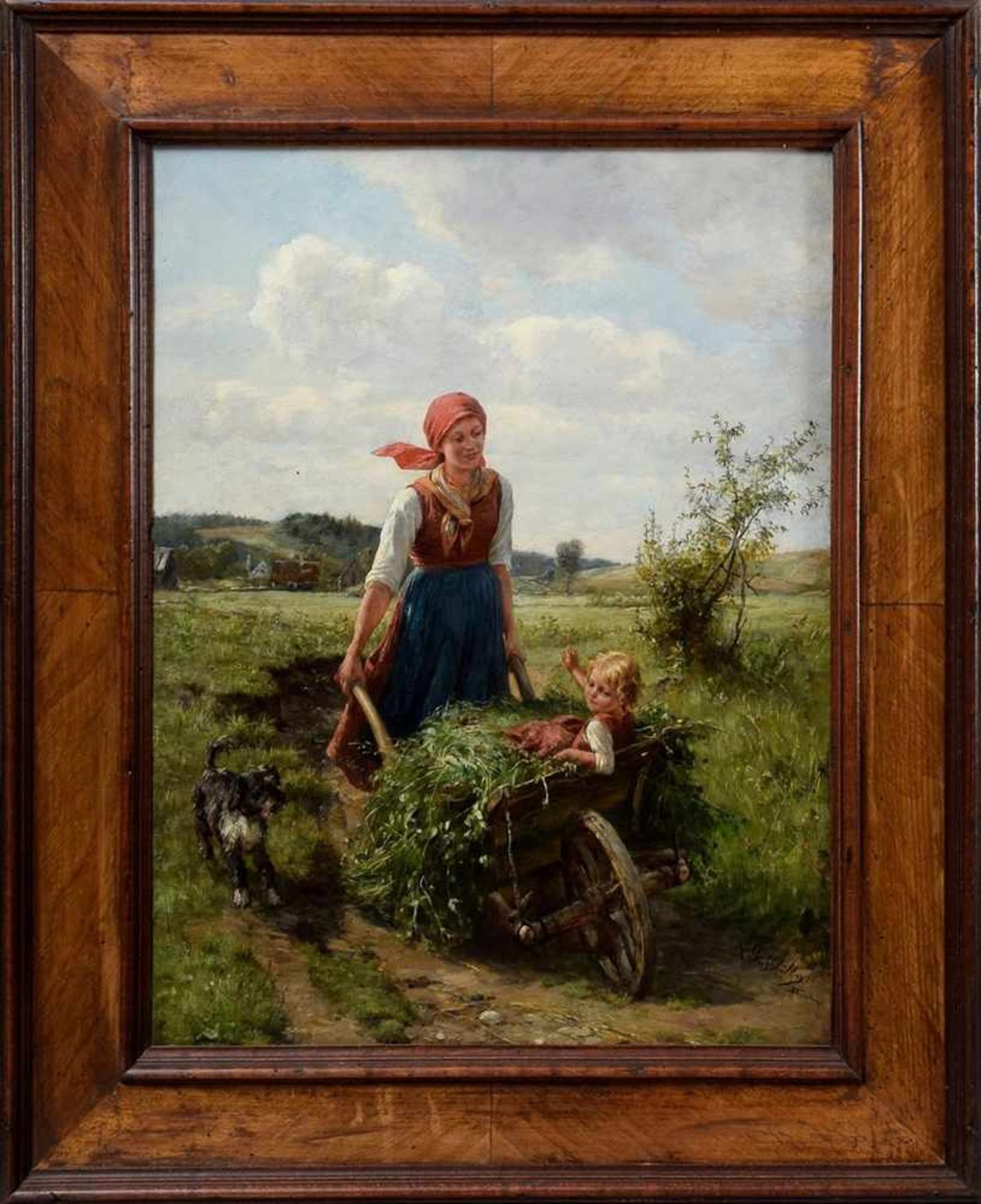 Stuhlmüller, Karl (1859-1930) "Young peasant woman with child on wheelbarrow", oil/wood, signed - Image 2 of 9