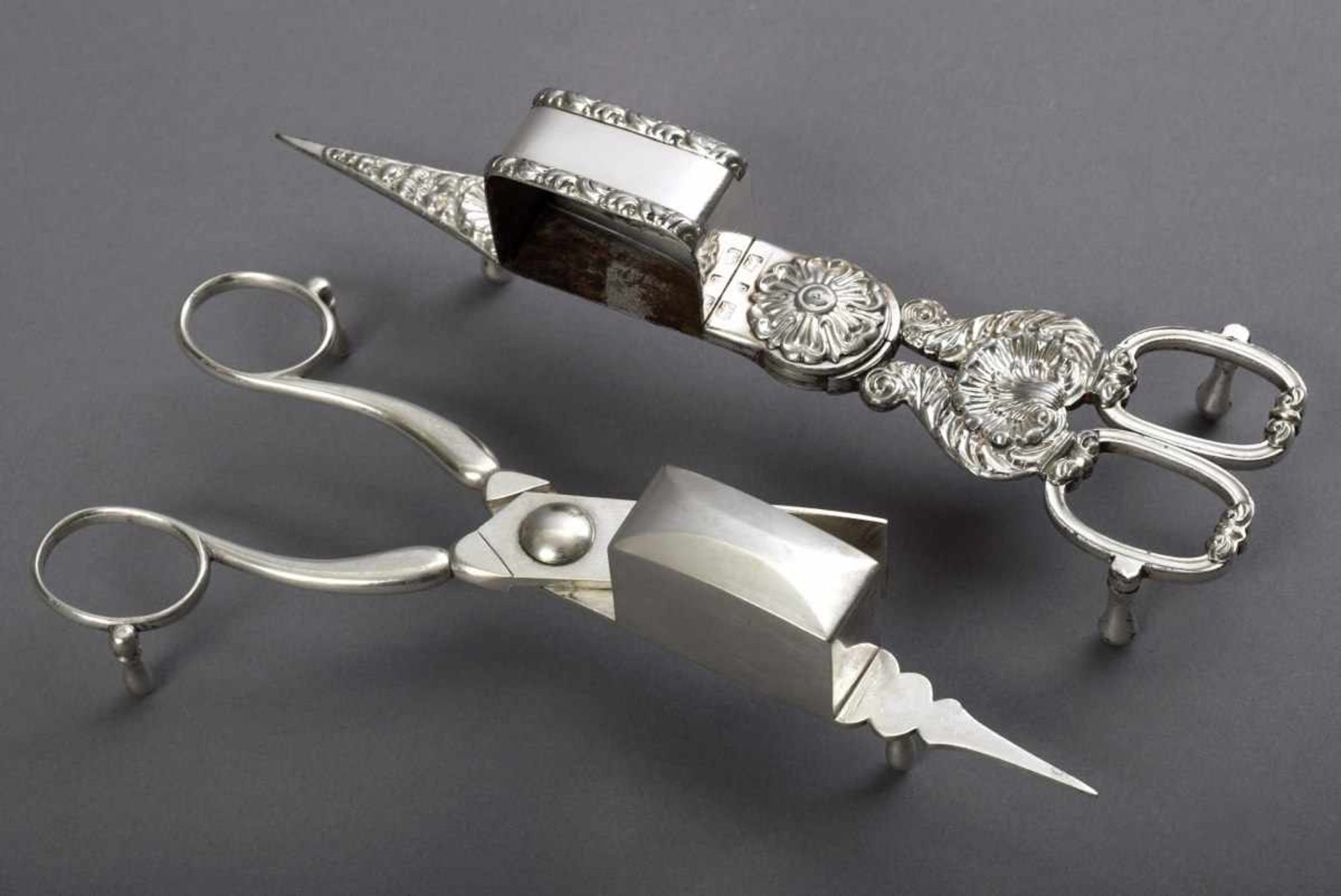 2 Various wick scissors, plain and with biedermeier-style relief decoration, silver/silver plated,