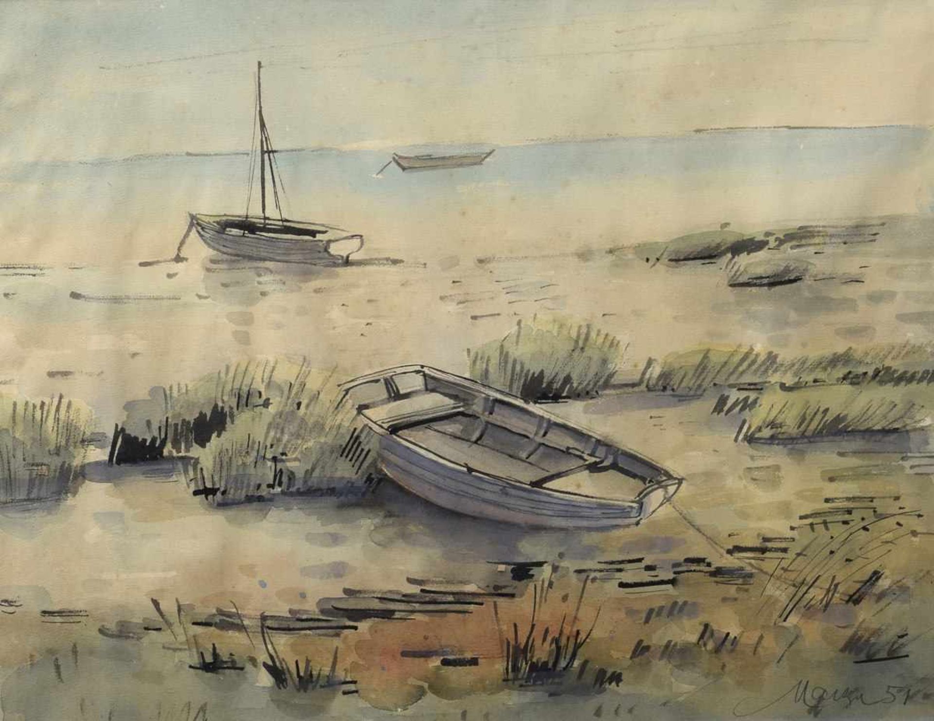 Maetzel, Emil (1877-1955) "Boote am Strand" 1951, watercolor, b.r. sign./dat., 38x51cm (w.f. 56x70,