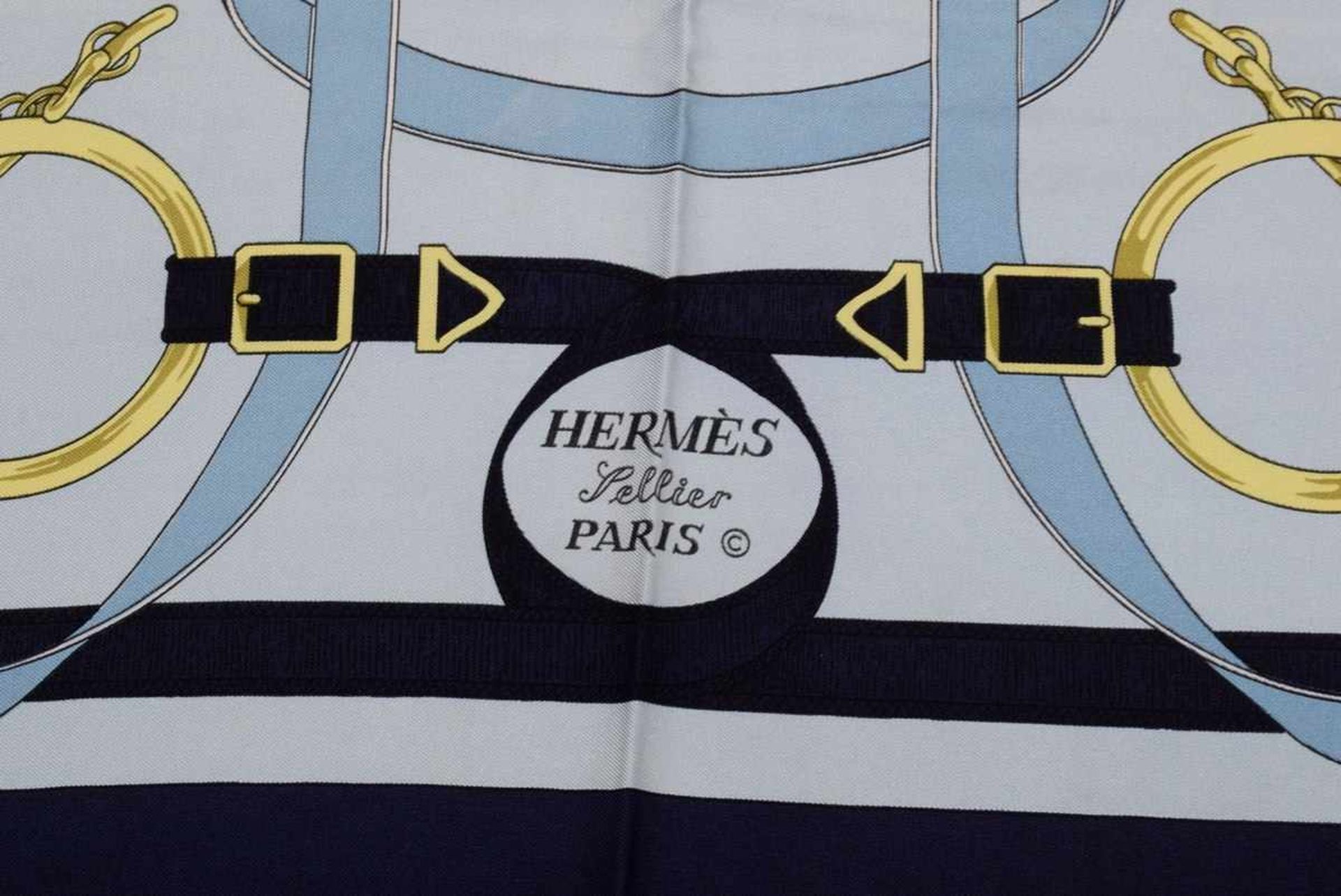 Hermès Carré "Eperon d'Or", hellblau/dunkelblau, Entw. : Henri d'Origny 1974, Seide, 90x90cm, - Bild 3 aus 4