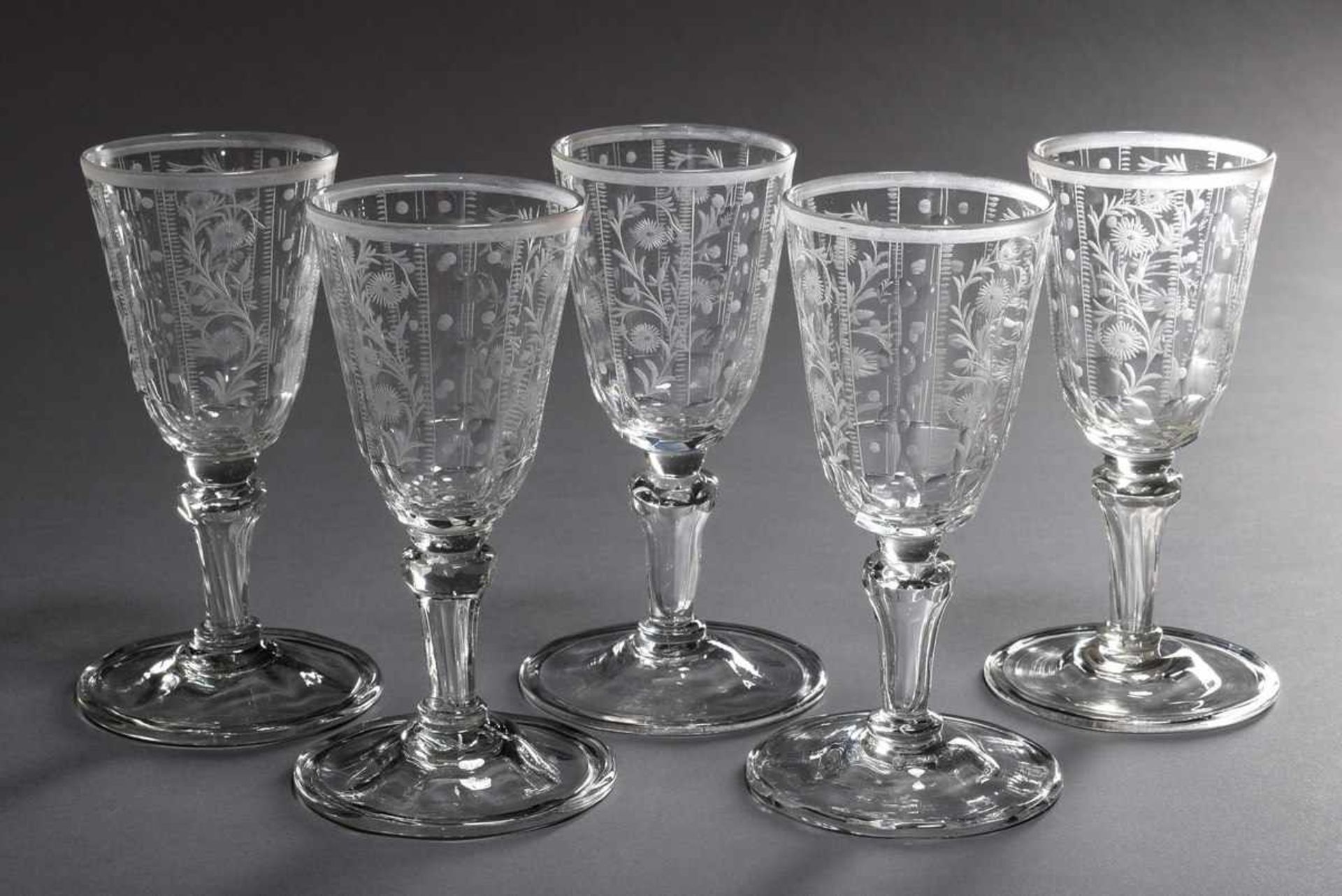 5 Glasses with fine "tendril" and "circle" cut on a faceted shaft with wide plate base, 19th