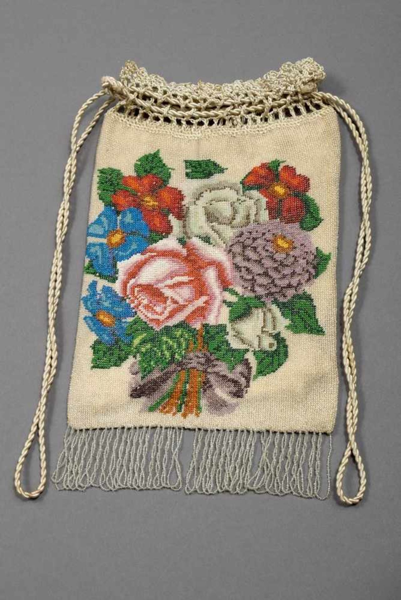 Beige Biedermeier pearl bag with floral decoration "flower bouquet", 26x15,5cm, small defects,
