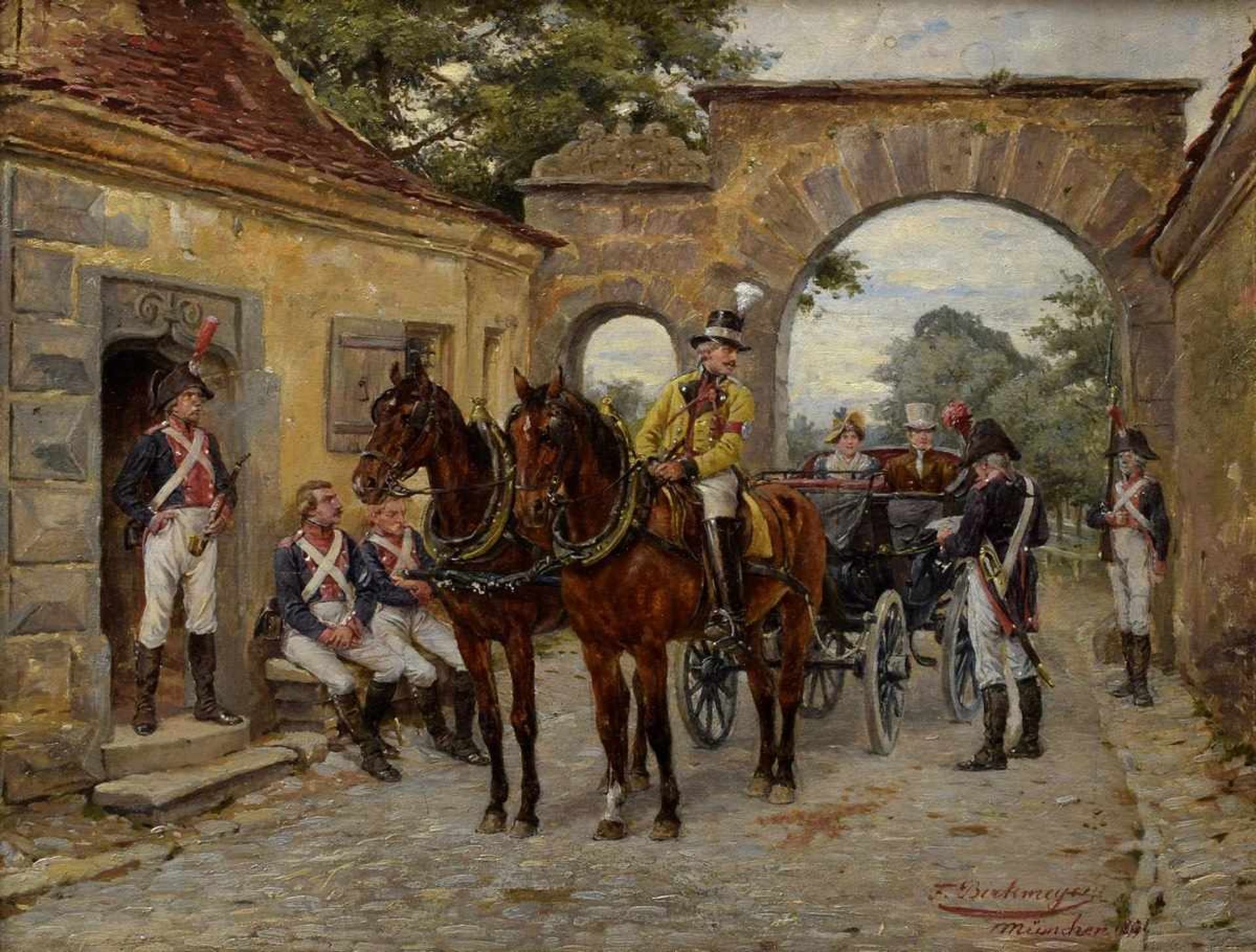 Birkmeyer, Fritz (1848-1897) "Border control" 1891, oil/wood, signed and dated lower right, 20,