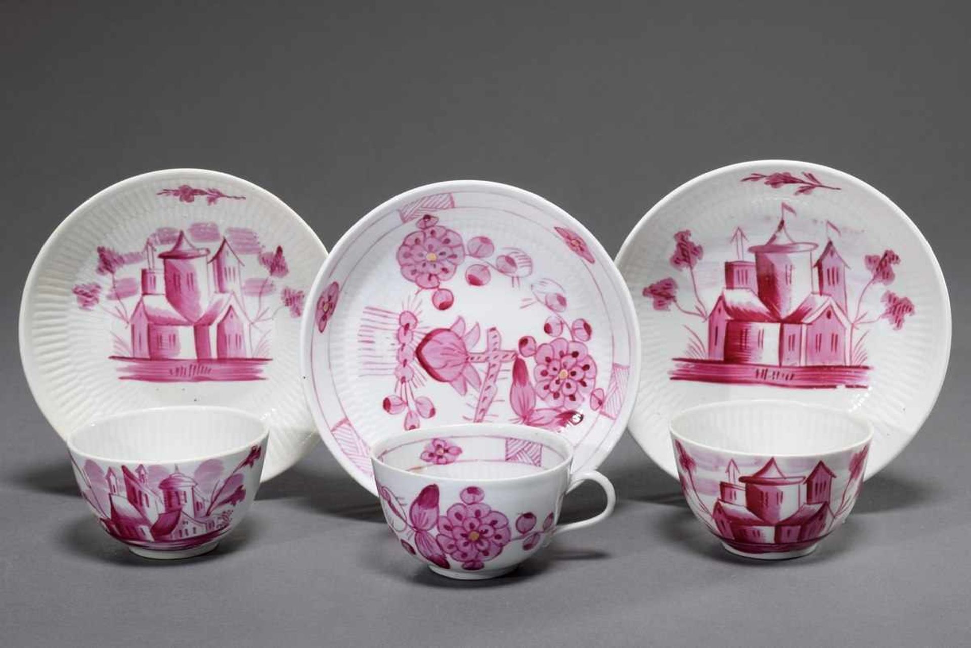 3 Various Wallendorf cups and bowls with purple Camaieu painting "Flowers" and "Architecture" on
