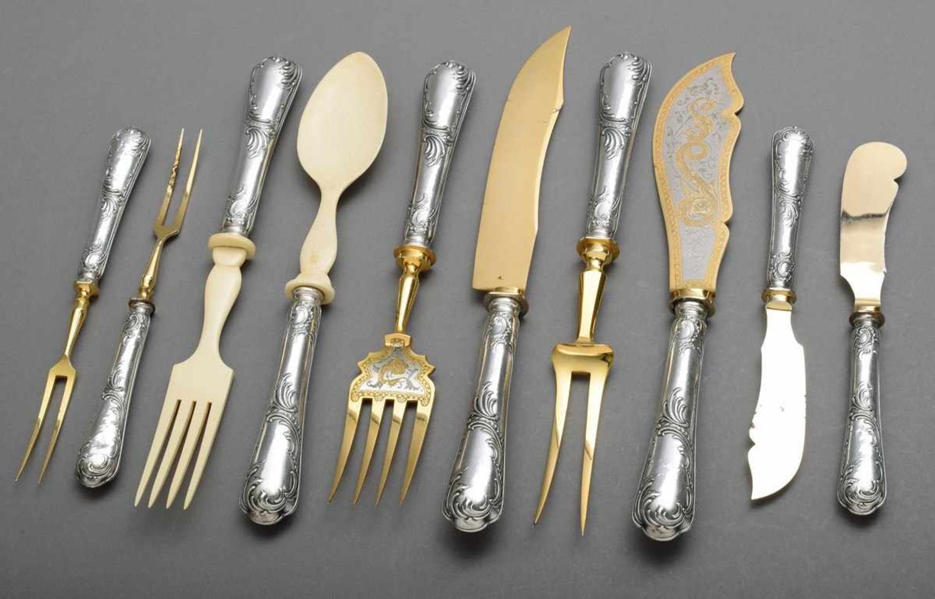10 presentation pieces with silver 800 handles "Rocaille" in relief and gold-plated steel and bone