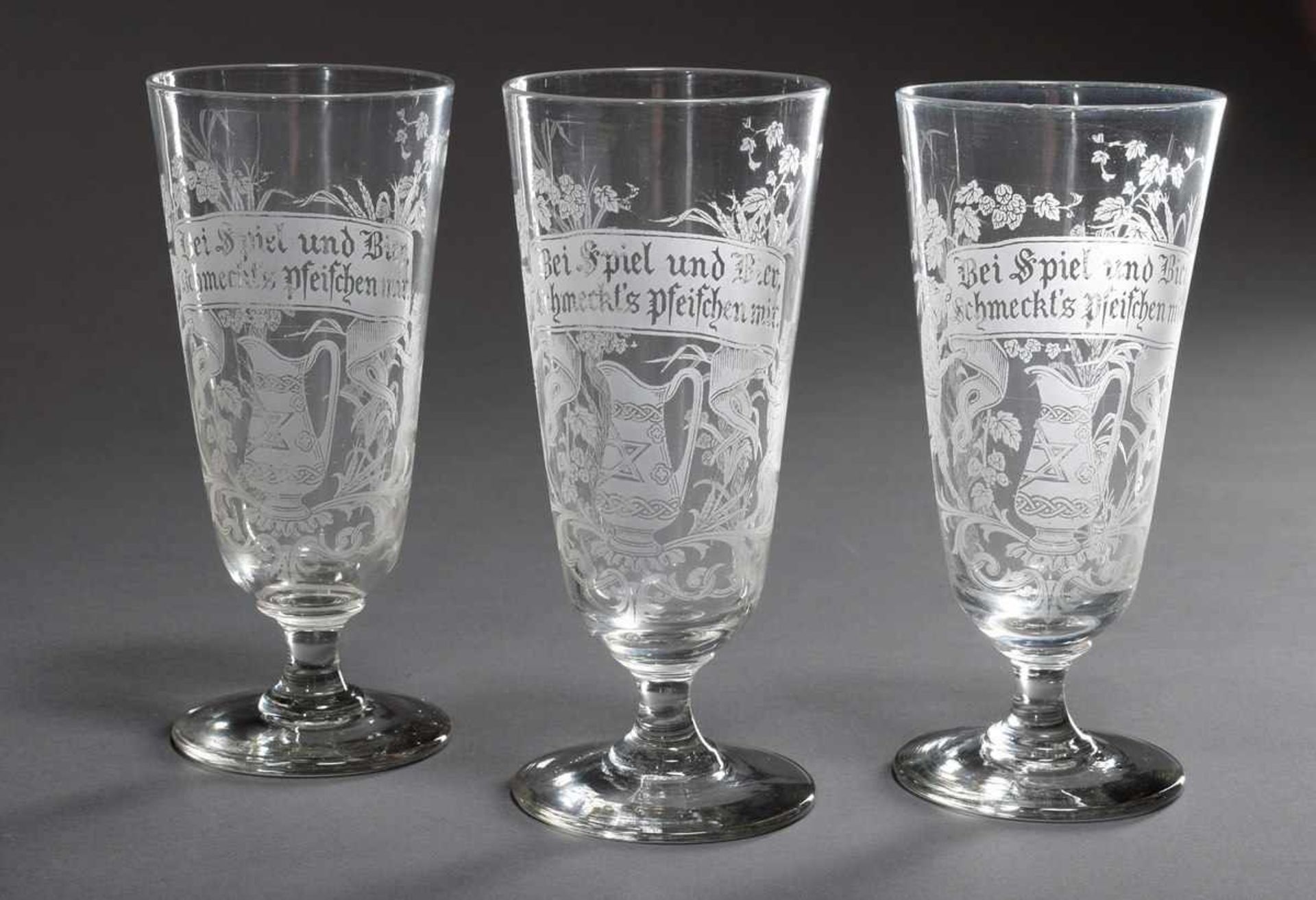3 Historism beer glasses with etched figural decoration and banner "At games and beer it tastes