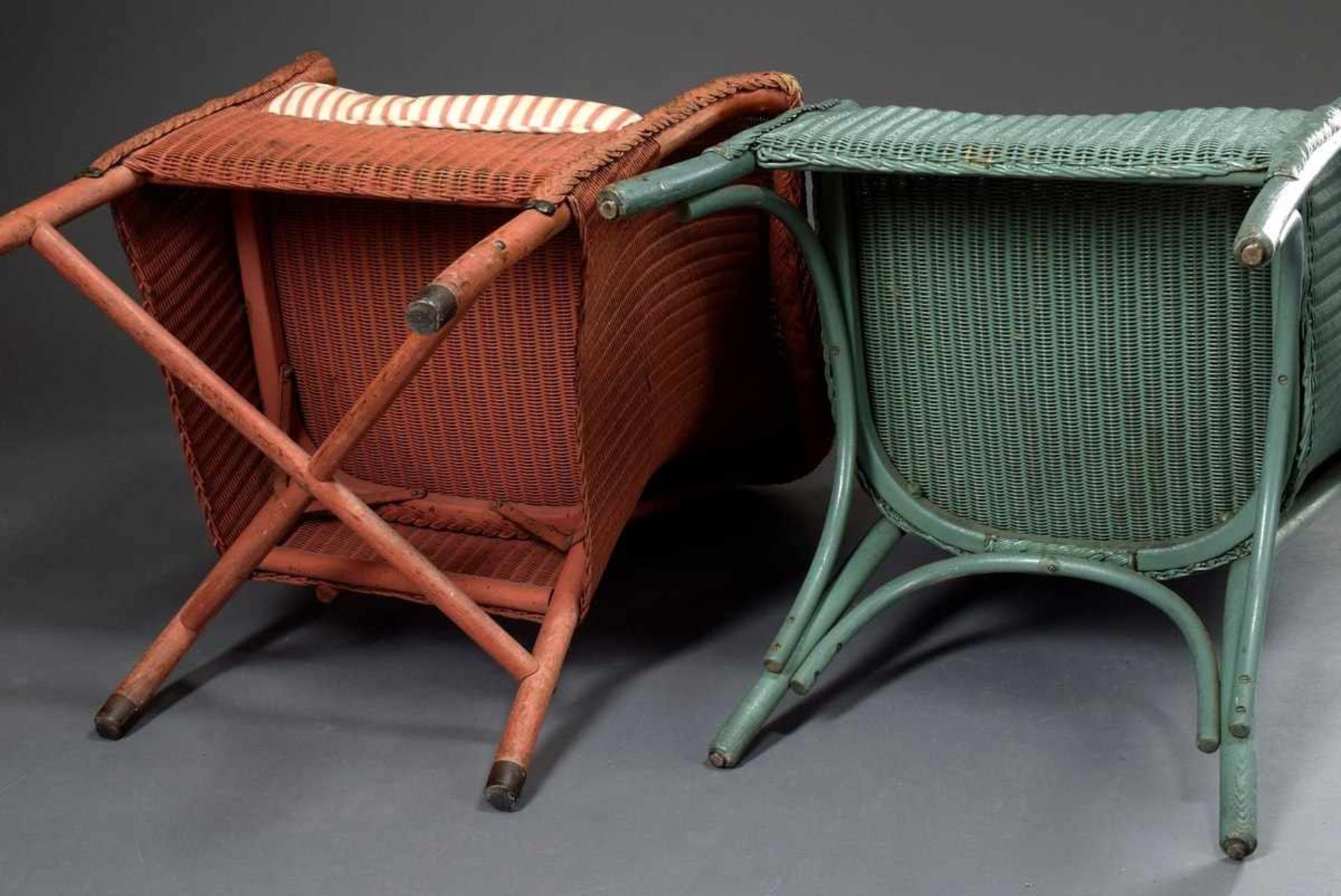 2 Various Lloyd Loom chairs, pink/green with matching cushions, h. 42/76cm and39/69cm, small - Image 4 of 4