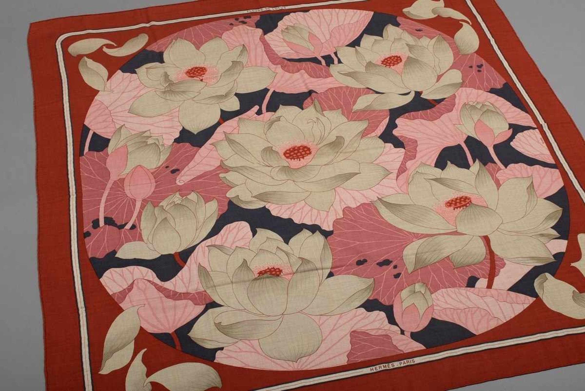 Hermès scarf "Fleur de Lotus" dark red/khaki/rosé/anthracite, designed by Christiane de Vauzelles