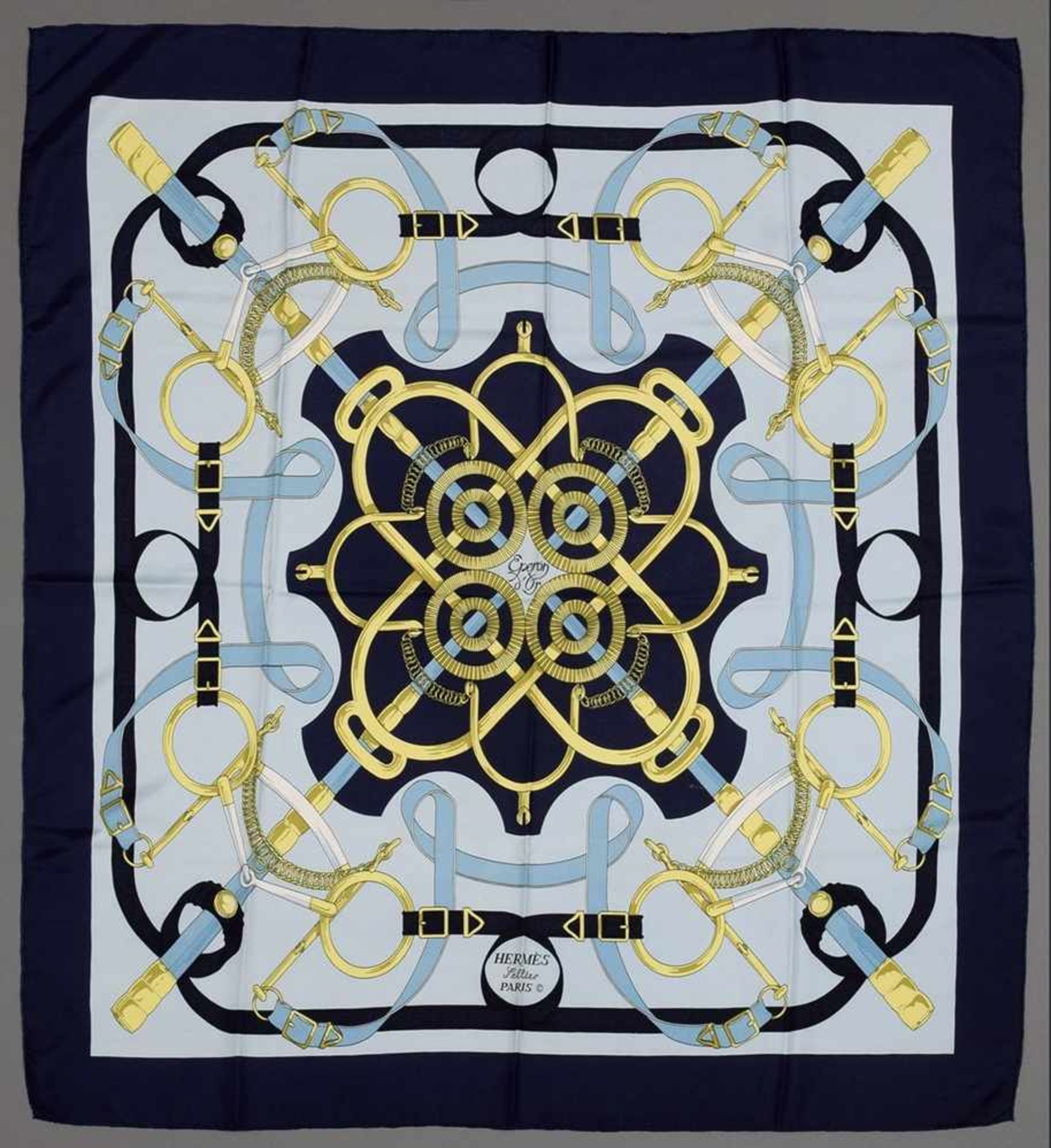 Hermès Carré "Eperon d'Or", hellblau/dunkelblau, Entw. : Henri d'Origny 1974, Seide, 90x90cm, - Bild 2 aus 4