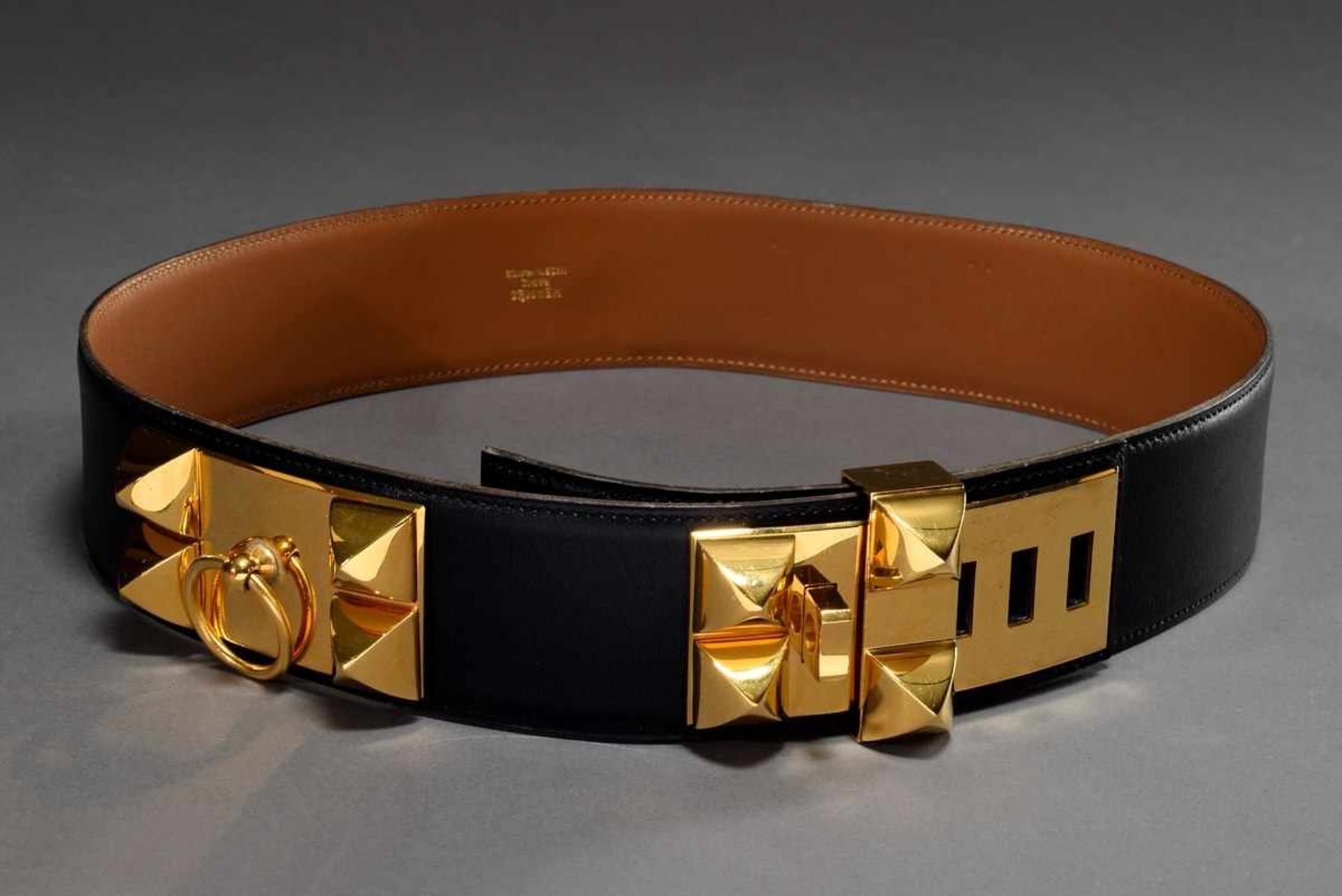 Hermès "Collier de Chien"-Gürtel mit vergoldeten Details, schwarz, 1993, L. 80cm, B. 5cm, original