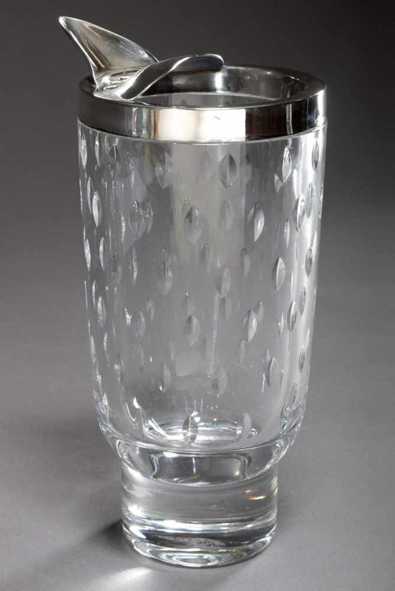 Midcentury crystal cocktail jug with silver 835 mount and olive cut, Gebrüder Deyhle, h.