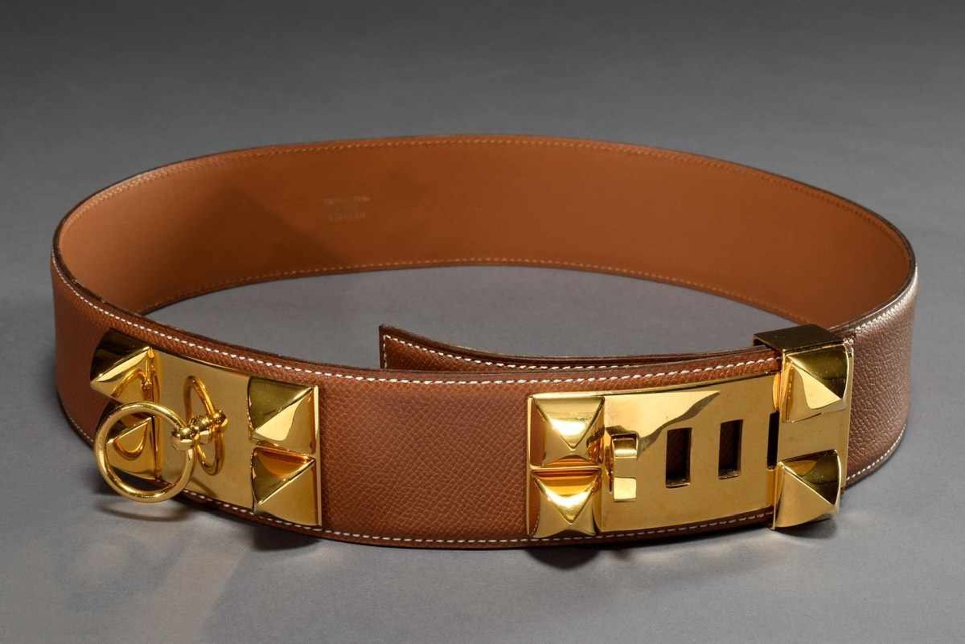 Hermès "Collier de Chien" belt with gold plated details, cognac, 1996, l. 80cm, b. 5cm, original