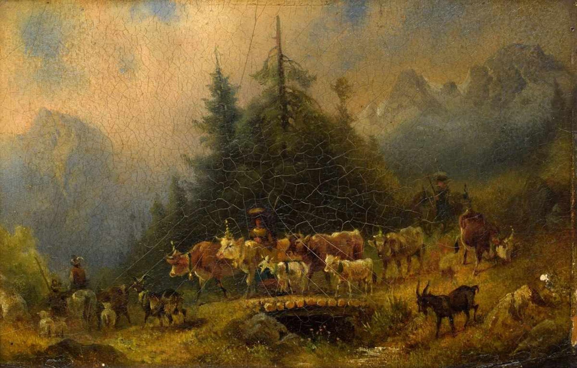 Unknown artist of the 19th century "Alpine driving down", oil/plate, 11,5x18cm (w.f. 30x36cm),