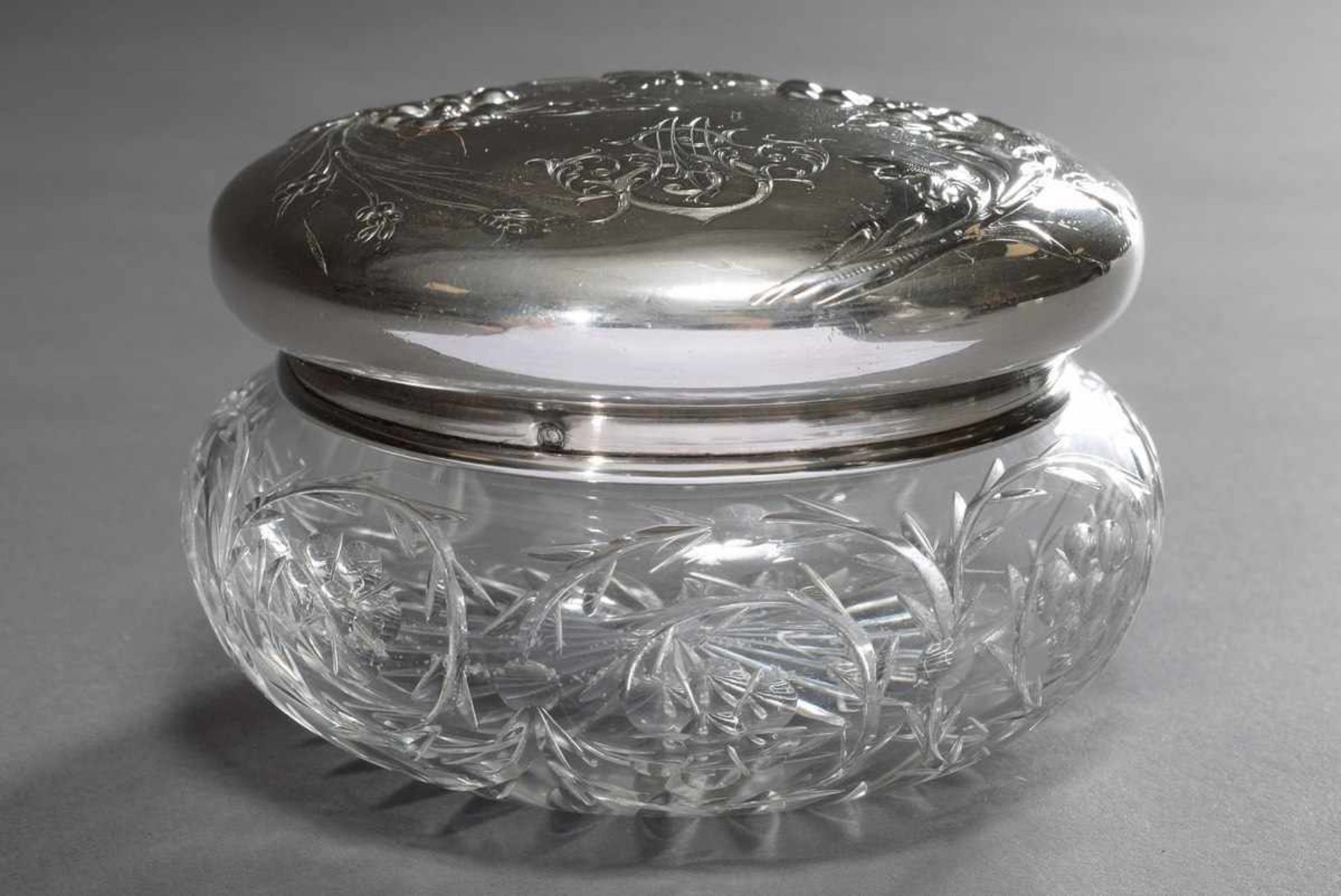 Round french necessaire box with silver 950 mount and monogram "MS" and floral cut glass body, MZ: - Bild 3 aus 4