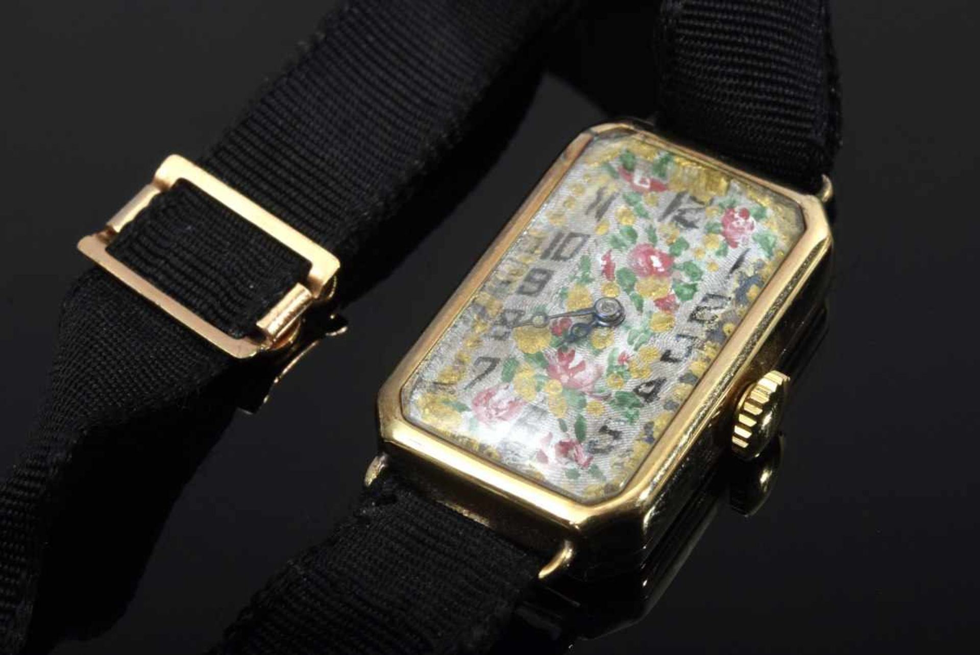 Art Deco RG 375 ladies' watch with floral painted silver dial, black ribbed strap and gold-plated - Image 3 of 3