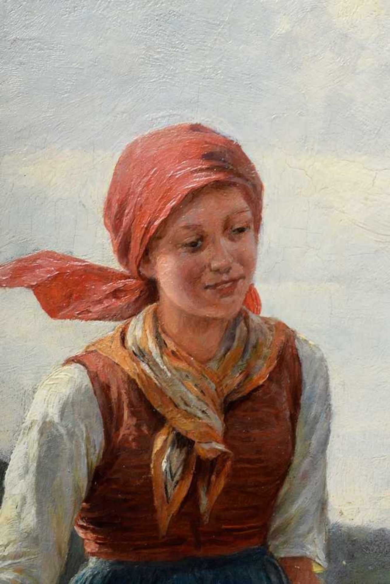 Stuhlmüller, Karl (1859-1930) "Young peasant woman with child on wheelbarrow", oil/wood, signed - Bild 4 aus 9