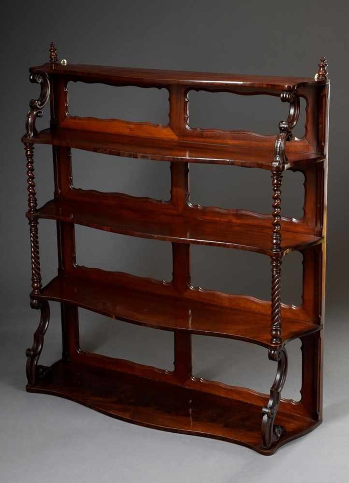 Late Biedermeier wall shelf with turned columns and 5 shelves, mahogany, end of 19th century,