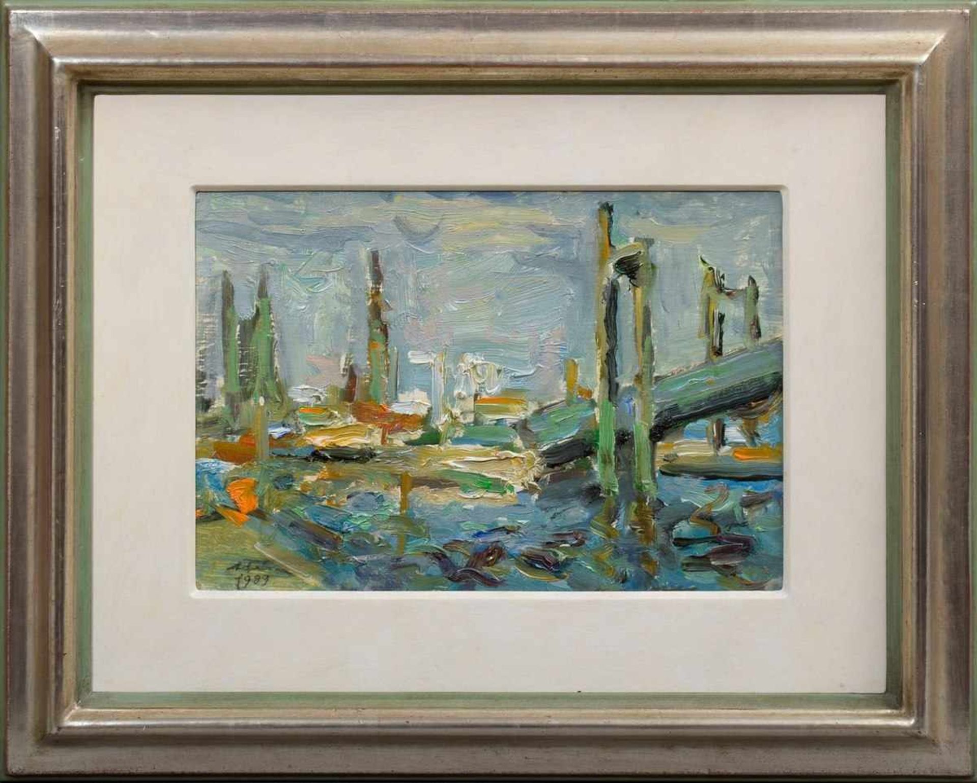 Feser, Albert (1901-1993) "Landungsbrücken", 1989, oil/plate, signed l.l., 34,5x44cm (w.f. 42, - Bild 2 aus 4