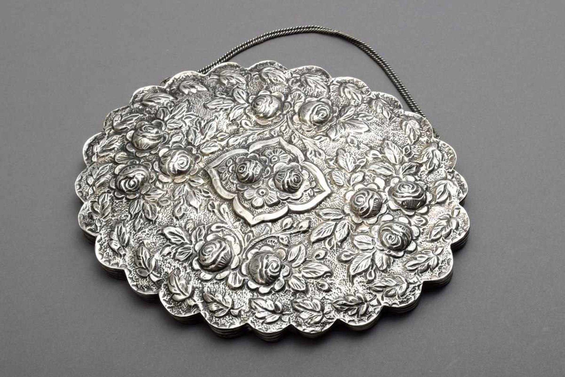 Mirror with rich floral relief decoration "Roses" on chain, silver 900, 21x17cm, slight pressure