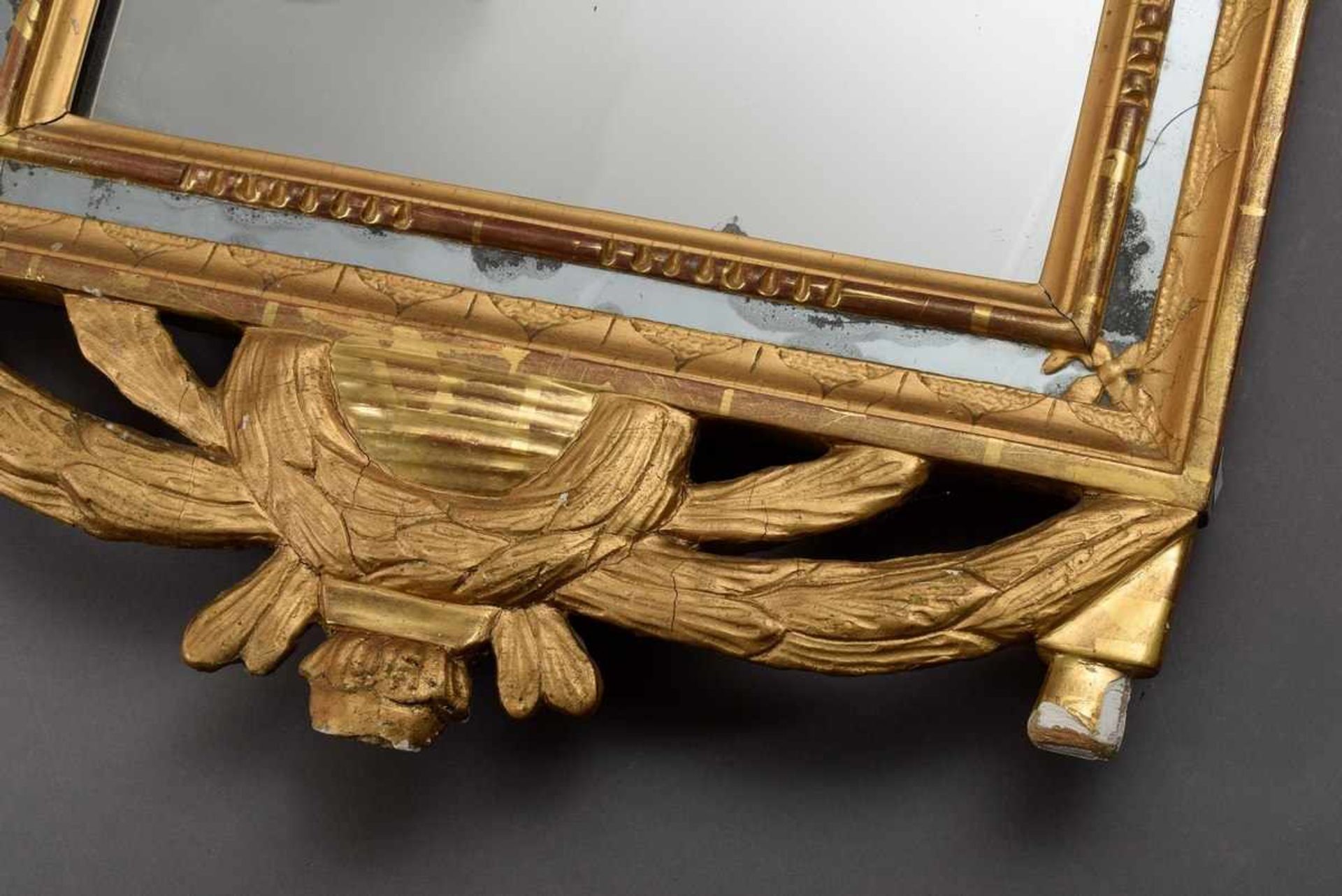 Louis XVI mirror with big loop crown, festoon pendants and mirrored frame, wood carved and gilded, - Image 4 of 5