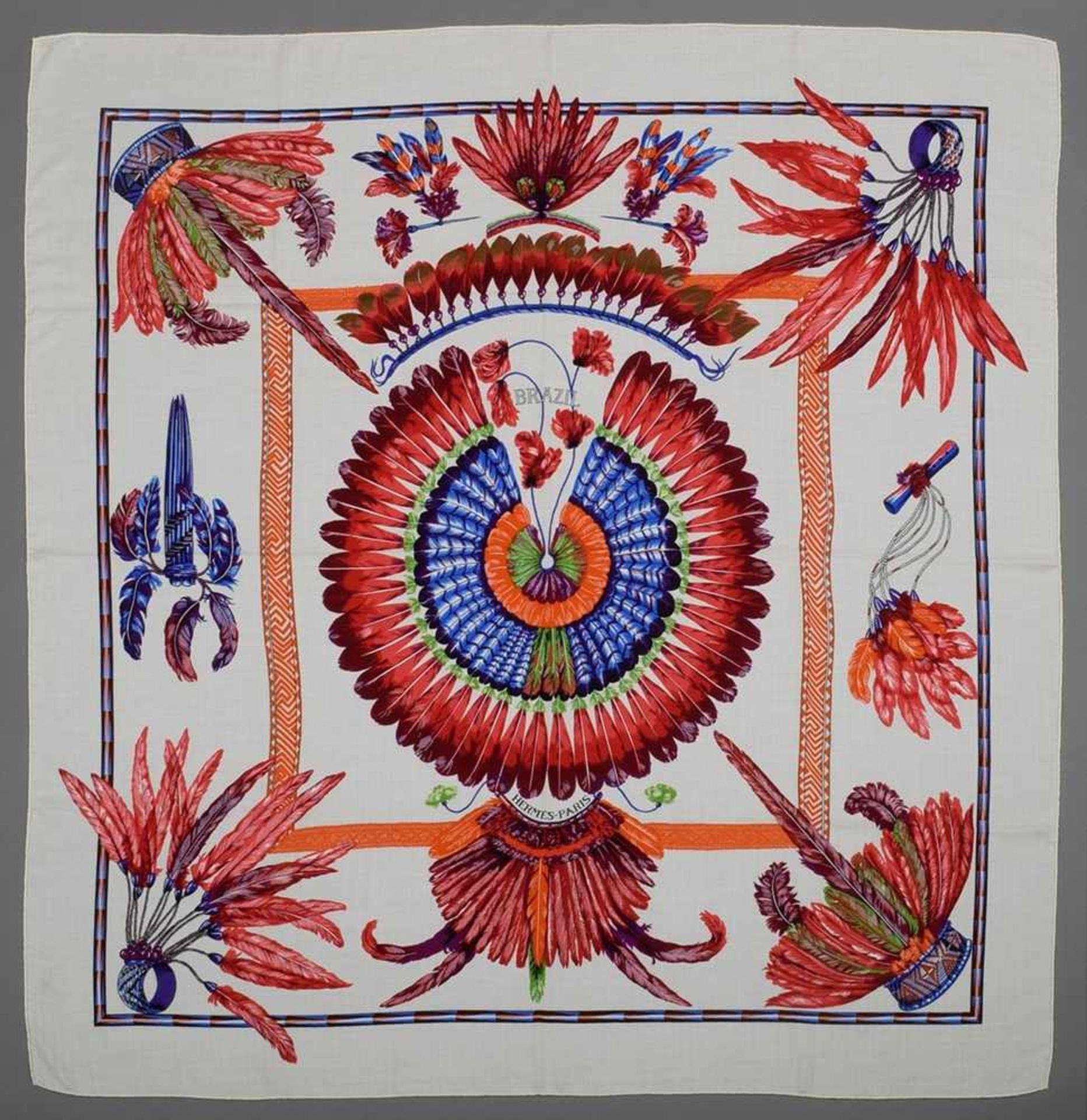 Hermès scarf "Brazil" écru/red/blue/orange, design: Laurence Bourthoumieux 1988, 65% cashmere, 35% - Bild 2 aus 4