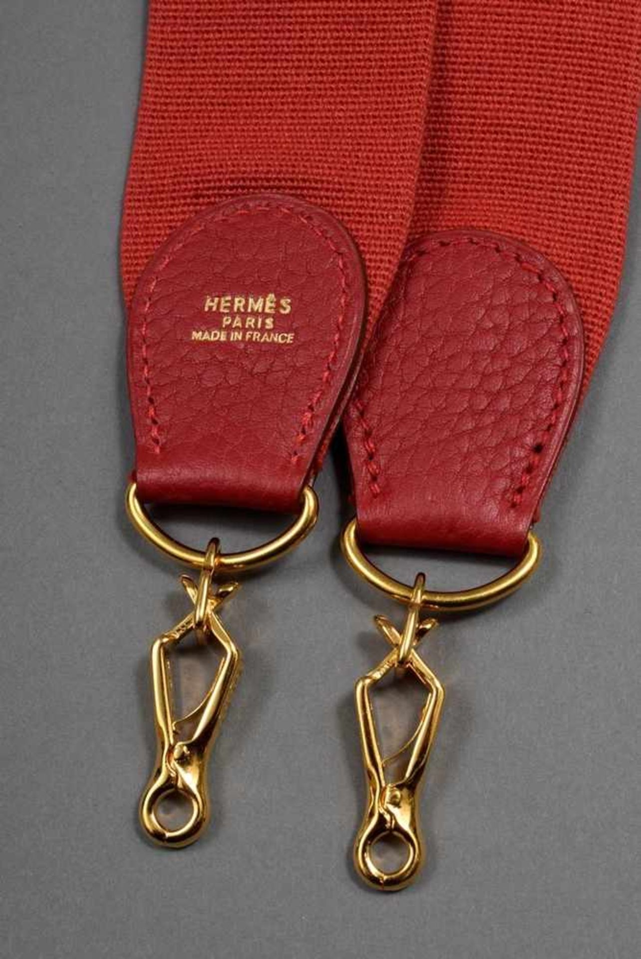 Hermès Sangle, red, cotton/leather/gold plated metal, l. 110cm, wornHermès Sangle, rot, Baumwolle/