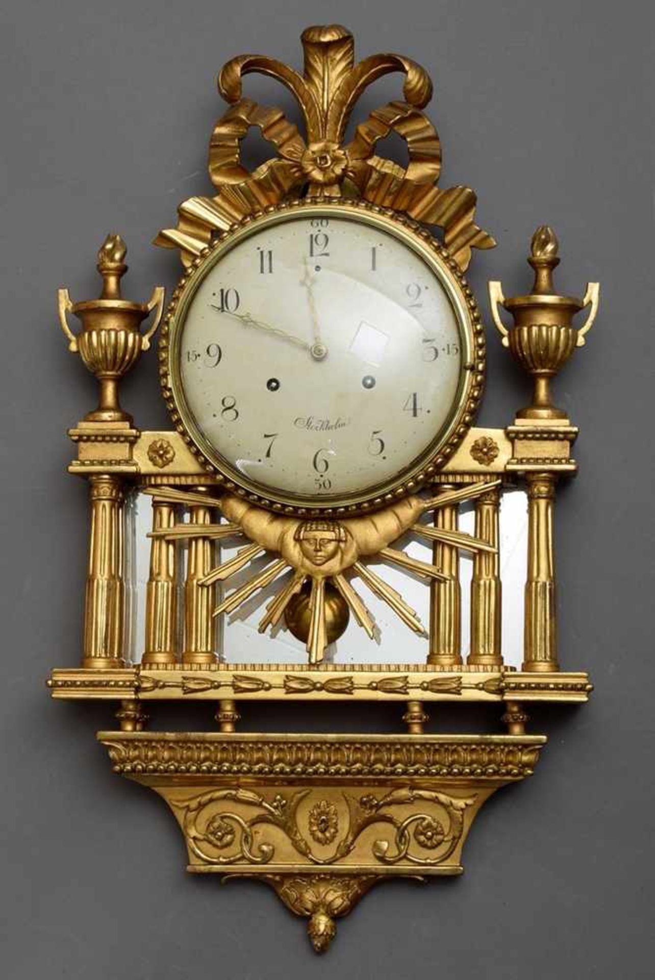 Swedish wall clock in gilded wood framing "Antique temple with sun symbol" and plastic loop - Image 2 of 5