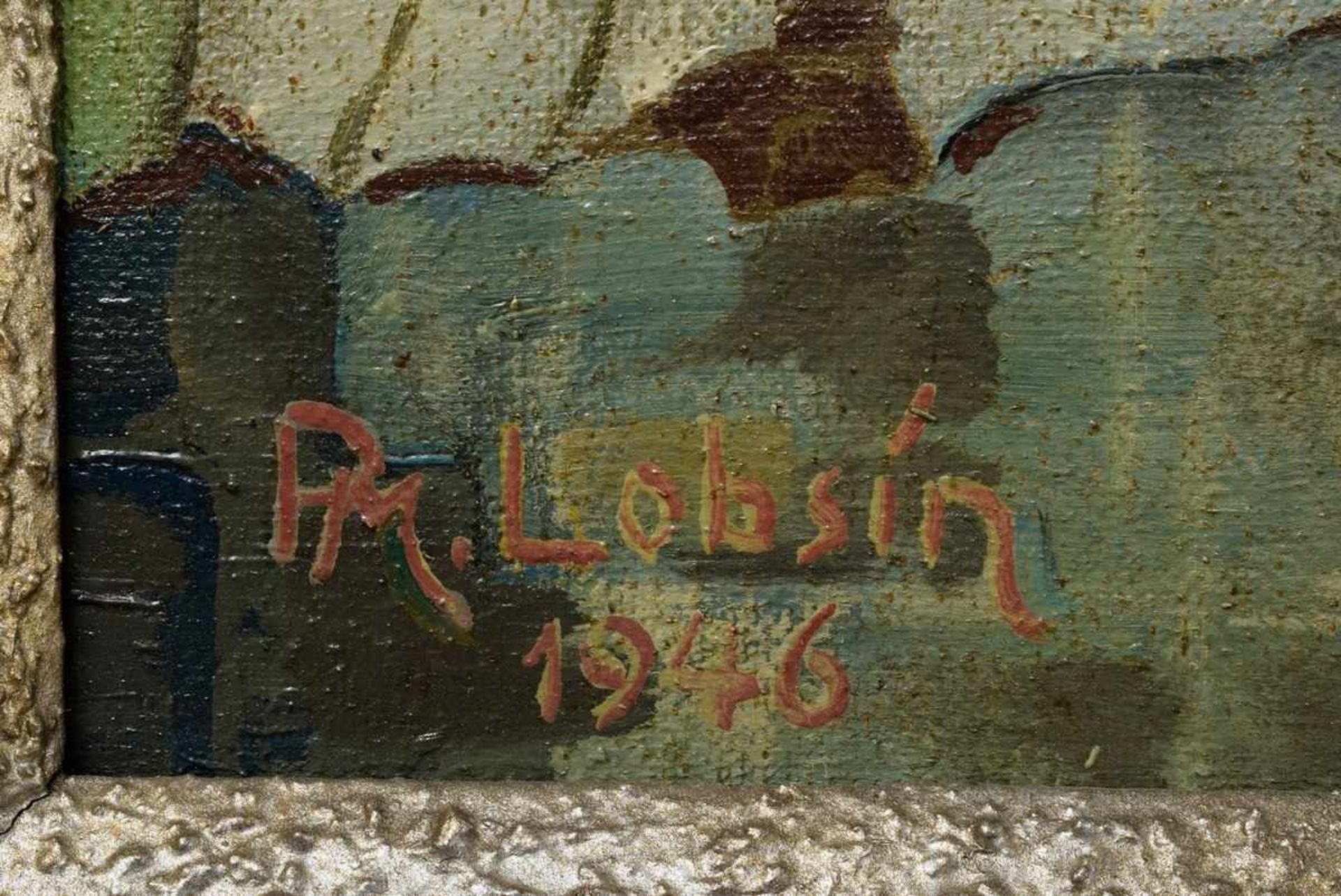 Lobsien, P.M. (painter of the 20th century) "Still life with iris bouquet" 1946, oil/warning sign ( - Bild 3 aus 5