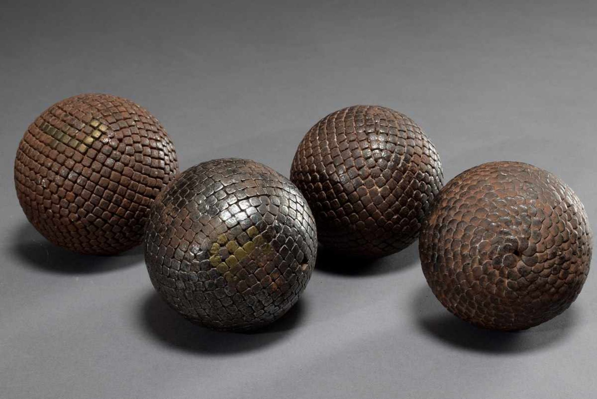 4 Various old boule balls with iron fittings, France around 1900, Ø 9-10cm4 Diverse alte Boulekugeln