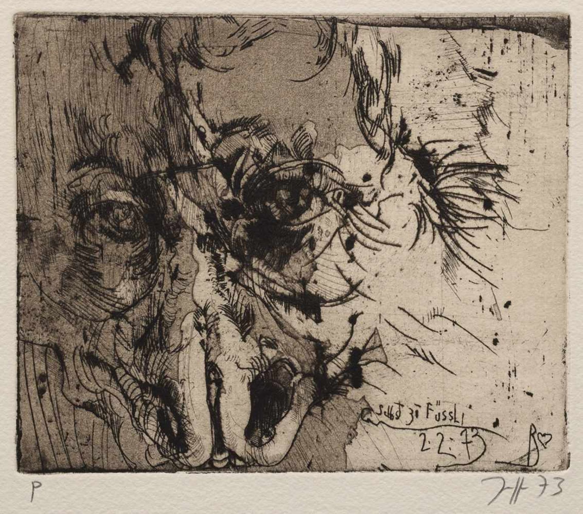 Janssen, Horst (1929-1995) "Self at Füssli" 2.2.73, drypoint etching, proof print, sign./dat. l.r.