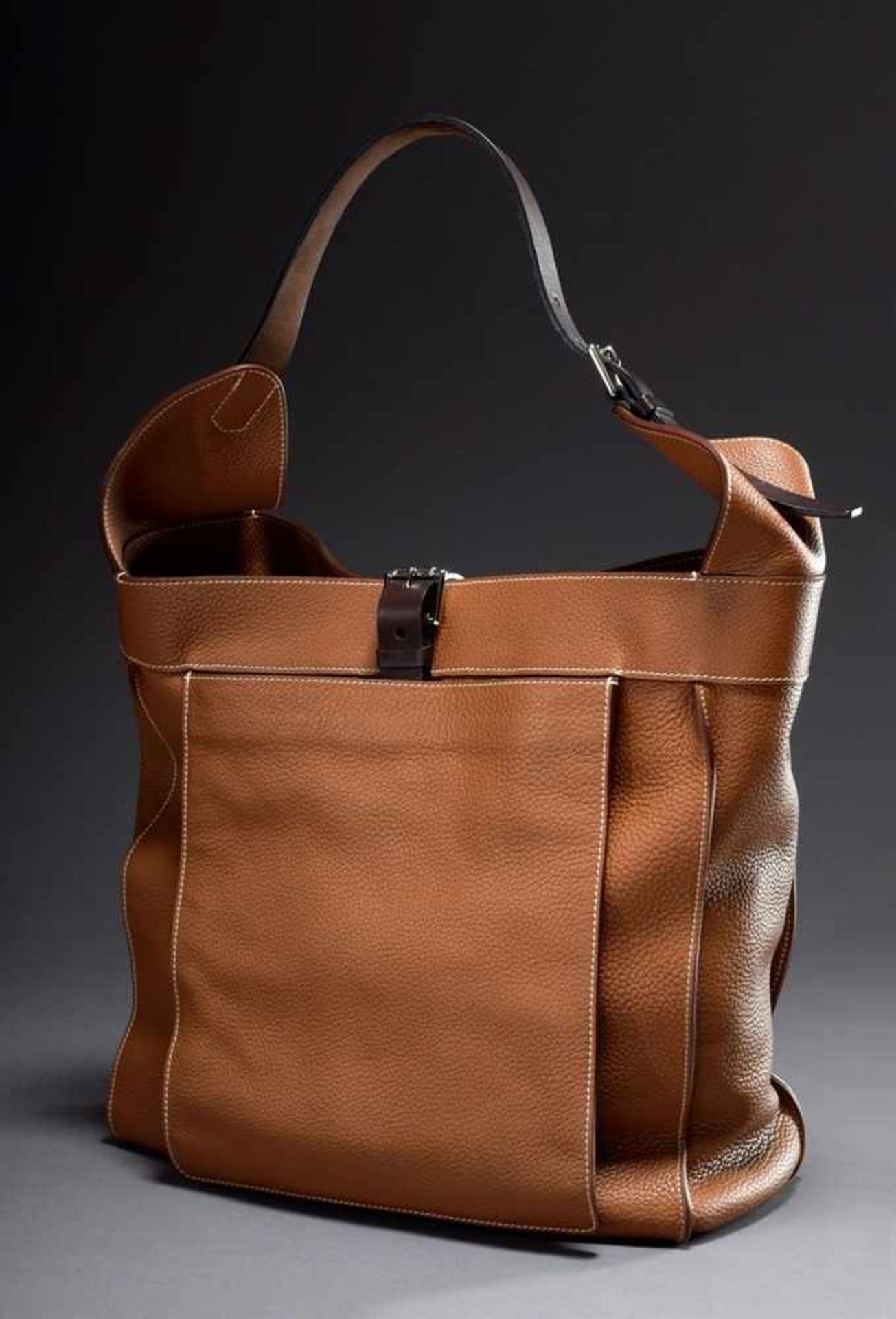 Hermès "Mawari", light brown calfskin, open shoulder bag with extra compartment, silver coloured