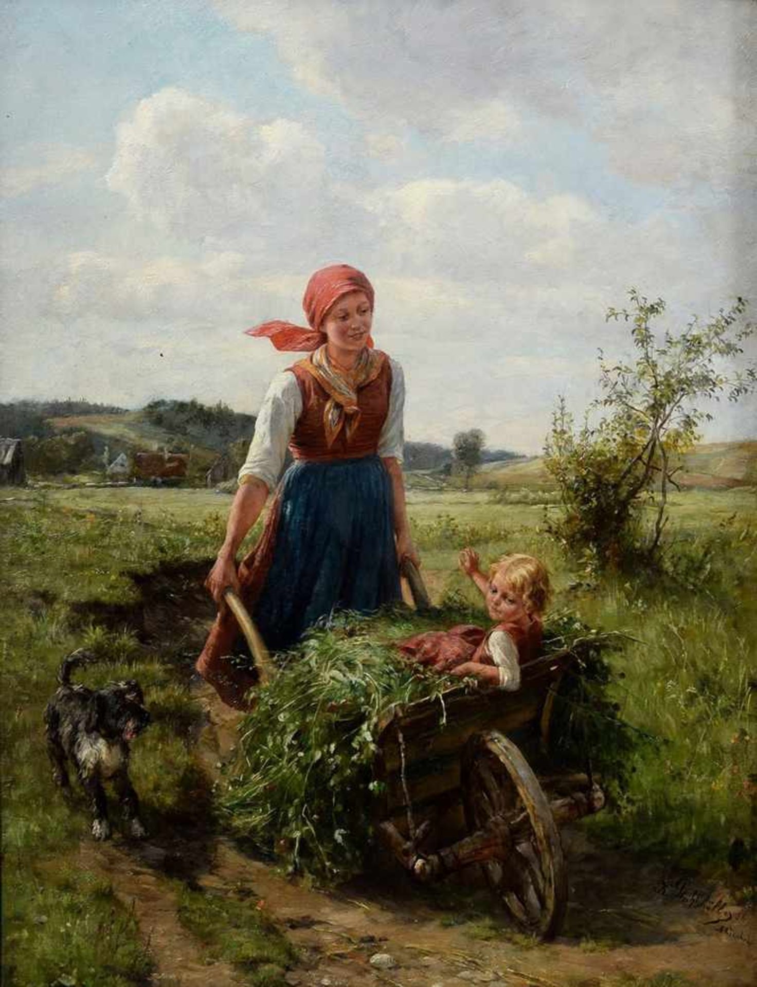Stuhlmüller, Karl (1859-1930) "Young peasant woman with child on wheelbarrow", oil/wood, signed