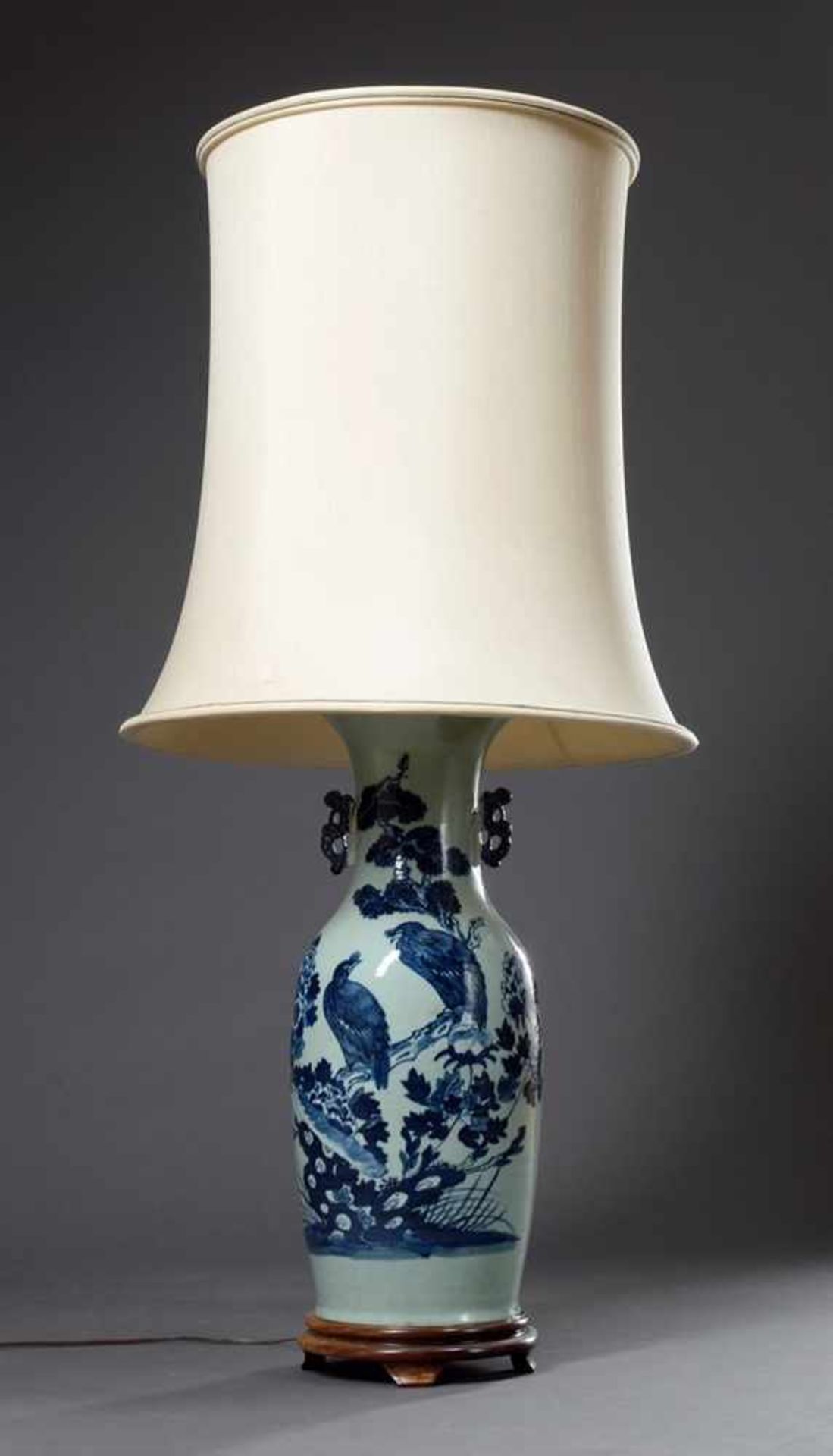 Big porcelain baluster vase with blue painting decoration "Jackdaws on branches" on celadon