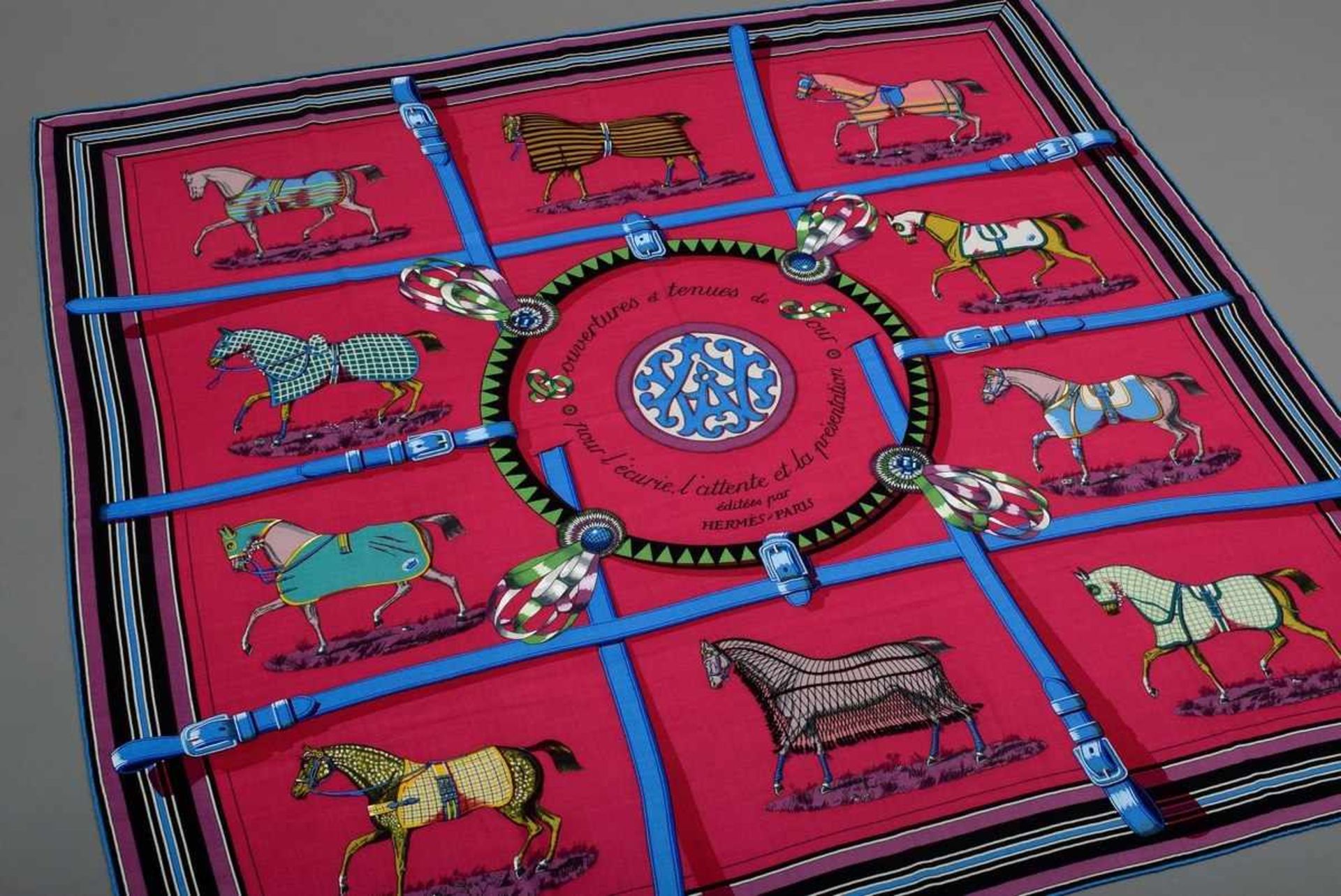 Hermès Scarf "Blankets and daywear for the stable, waiting and presentation" pink/violet/blue/