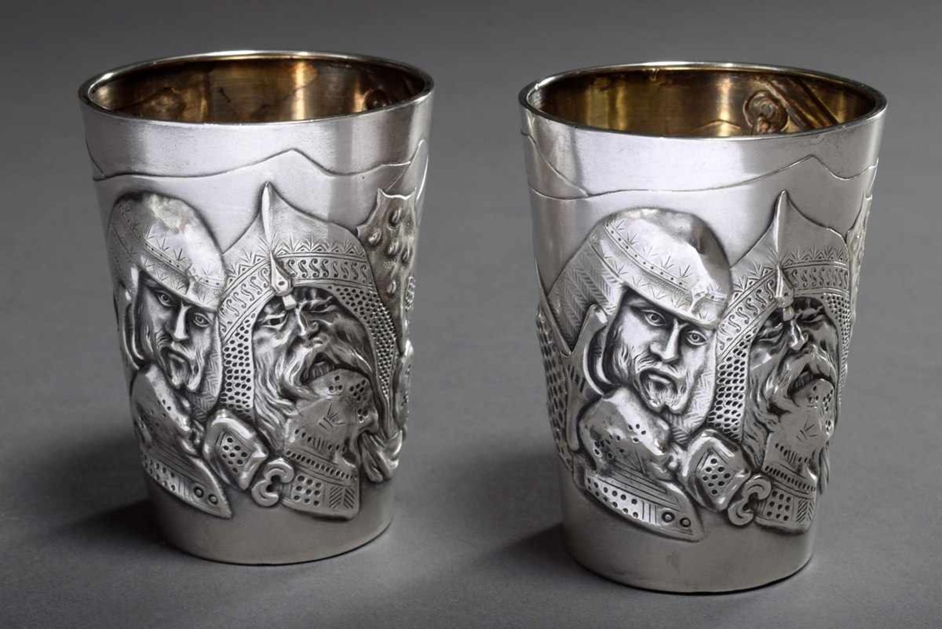 Pair of Russian Art Nouveau cups with figural relief decoration "Brave warriors (Bogatyr)", MZ: